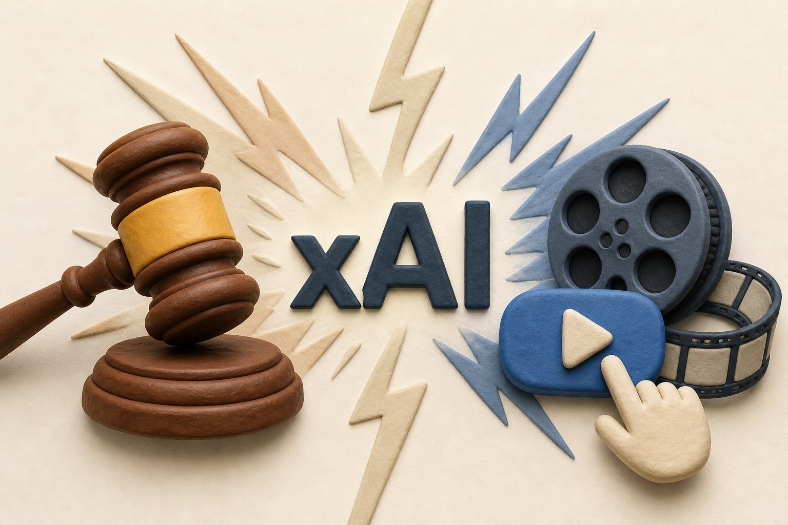 xAI字母标志、州议会法槌、一键生成按钮和视频胶片在画面中央形成对峙构图，表现法律诉讼与AI视频生意的冲突，浅色背景的商业评论版橡皮泥平面信息图的统一风格。