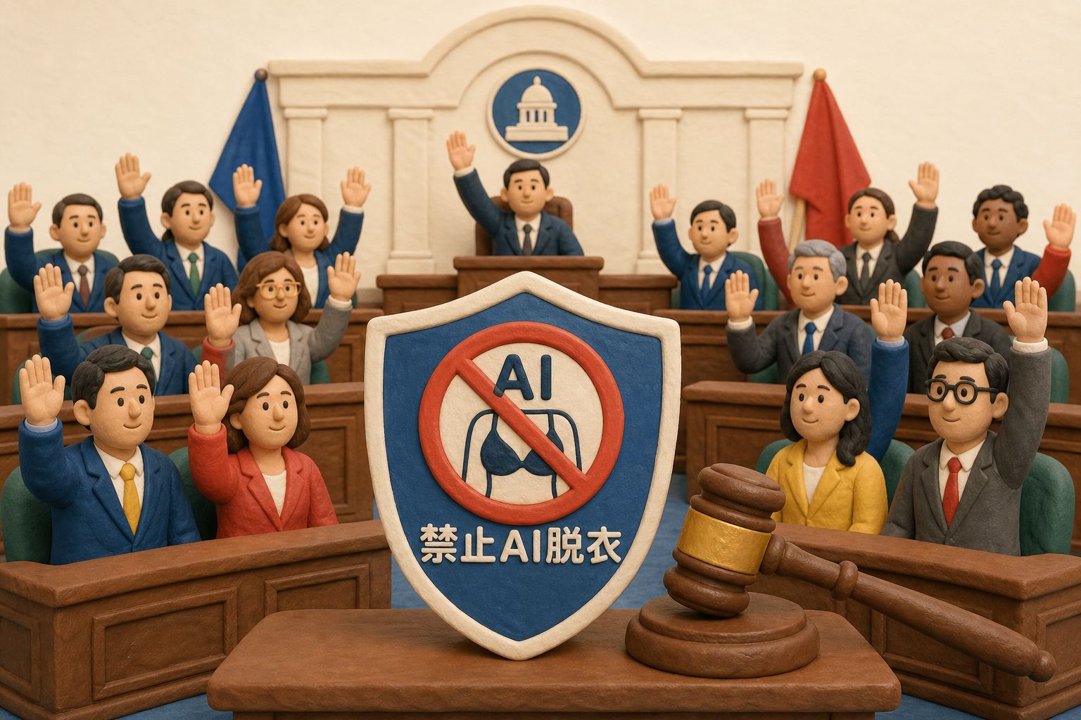 州议会大厅中的两派议员共同举手表决，前景是一枚禁止AI脱衣按钮的盾牌与法槌，强调跨阵营立法共识，不显示票数和日期，浅色背景的商业评论版橡皮泥平面信息图的统一风格。