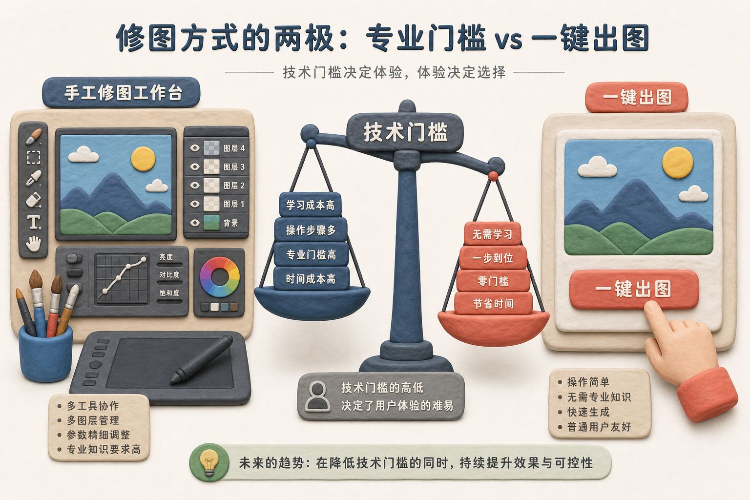 左侧是需要画笔、图层和专业操作的手工修图工作台，右侧是普通用户轻触就出图的一键按钮，中间用法律天平对比技术门槛，浅色背景的商业评论版橡皮泥平面信息图的统一风格。