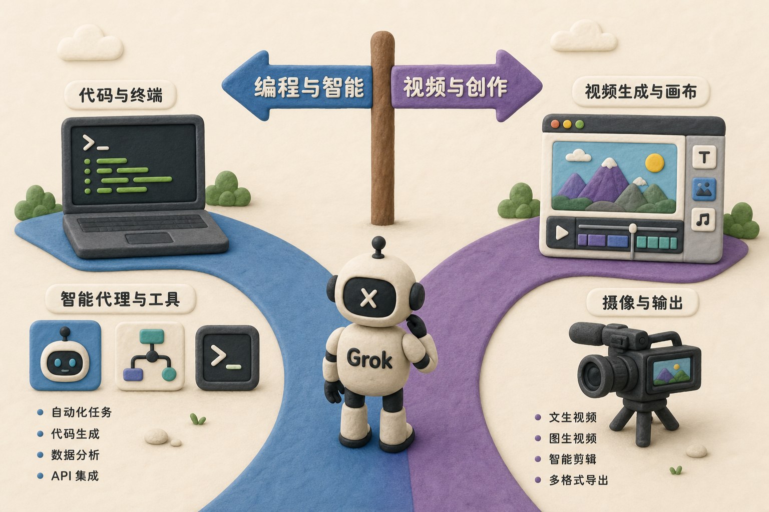 Grok机器人站在分岔路口，左侧通向代码终端和智能代理工具，右侧通向视频生成画布和摄影机，表现编程与视频两条业务路线，浅色背景的商业评论版橡皮泥平面信息图的统一风格。