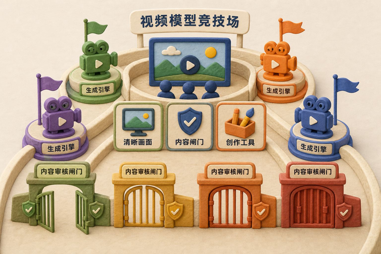 视频模型竞技场里，多台生成引擎围绕清晰画面、内容闸门和创作工具展开竞争，前景用松紧不同的内容审核闸门表现尺度差异，不显示具体数值或日期，只显示以上画面元素，不补充任何数字、日期、比例、排名或因果关系，浅色背景的商业评论版橡皮泥平面信息图的统一风格。