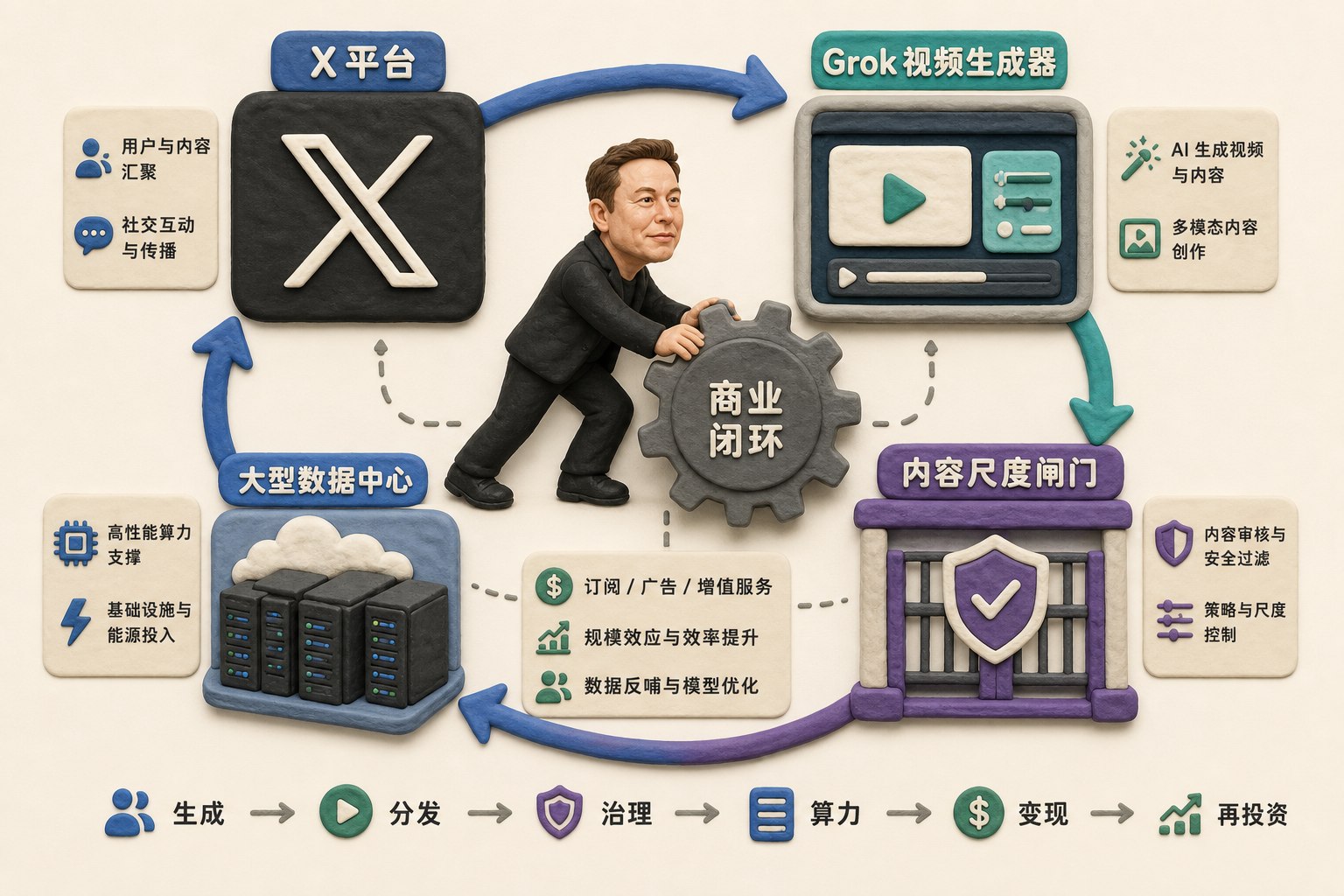 X平台、Grok视频生成器、内容尺度闸门和大型数据中心首尾相连形成闭环，马斯克形象站在中央推动齿轮，表现生成、分发与算力商业链条，浅色背景的商业评论版橡皮泥平面信息图的统一风格。