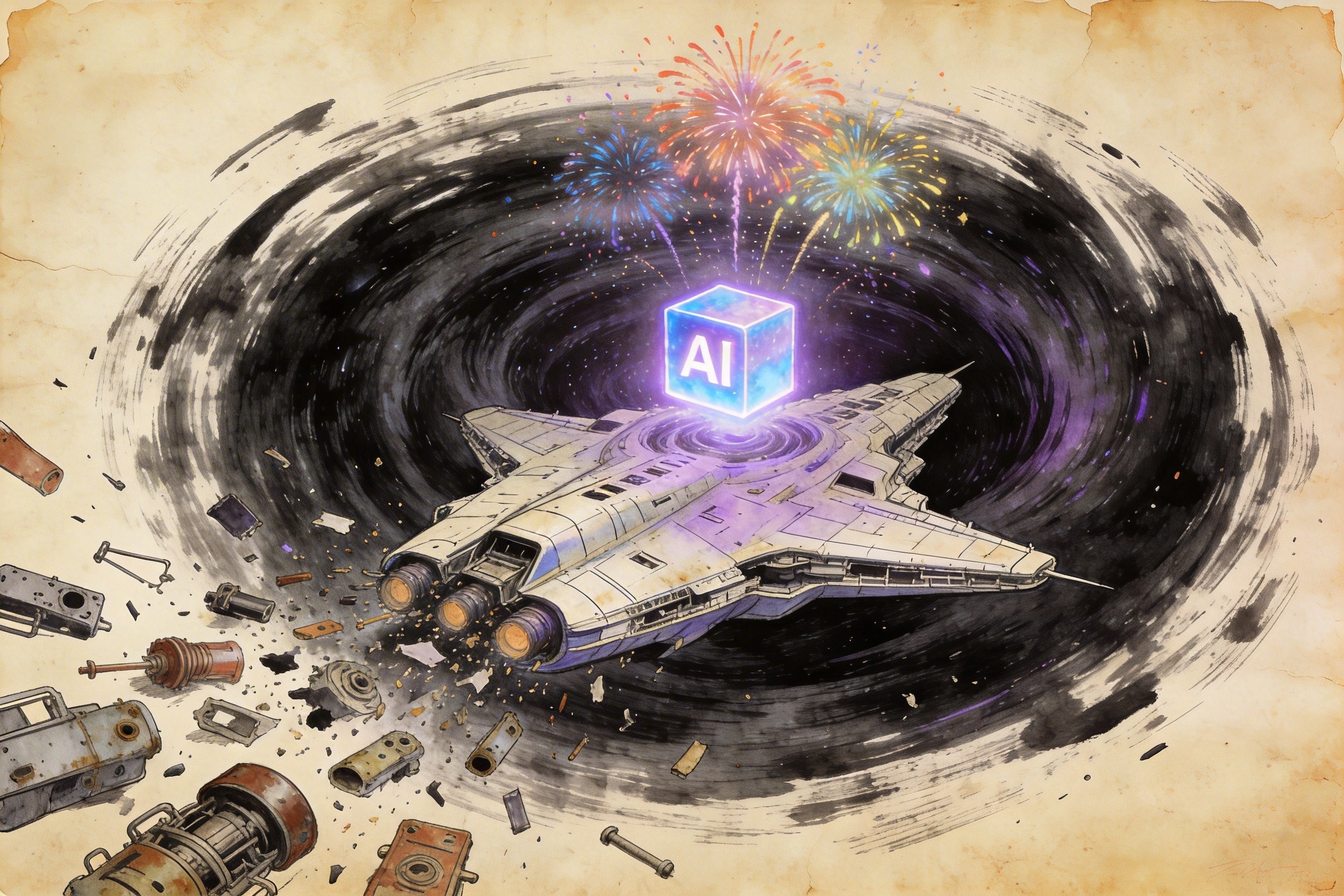 巨大的Starship飞船正在吞噬一个小小的发光AI方块，周围散落着被遗弃的旧零件，烟花在飞船上方绽放，羊皮纸，钢笔彩色手绘的统一风格。