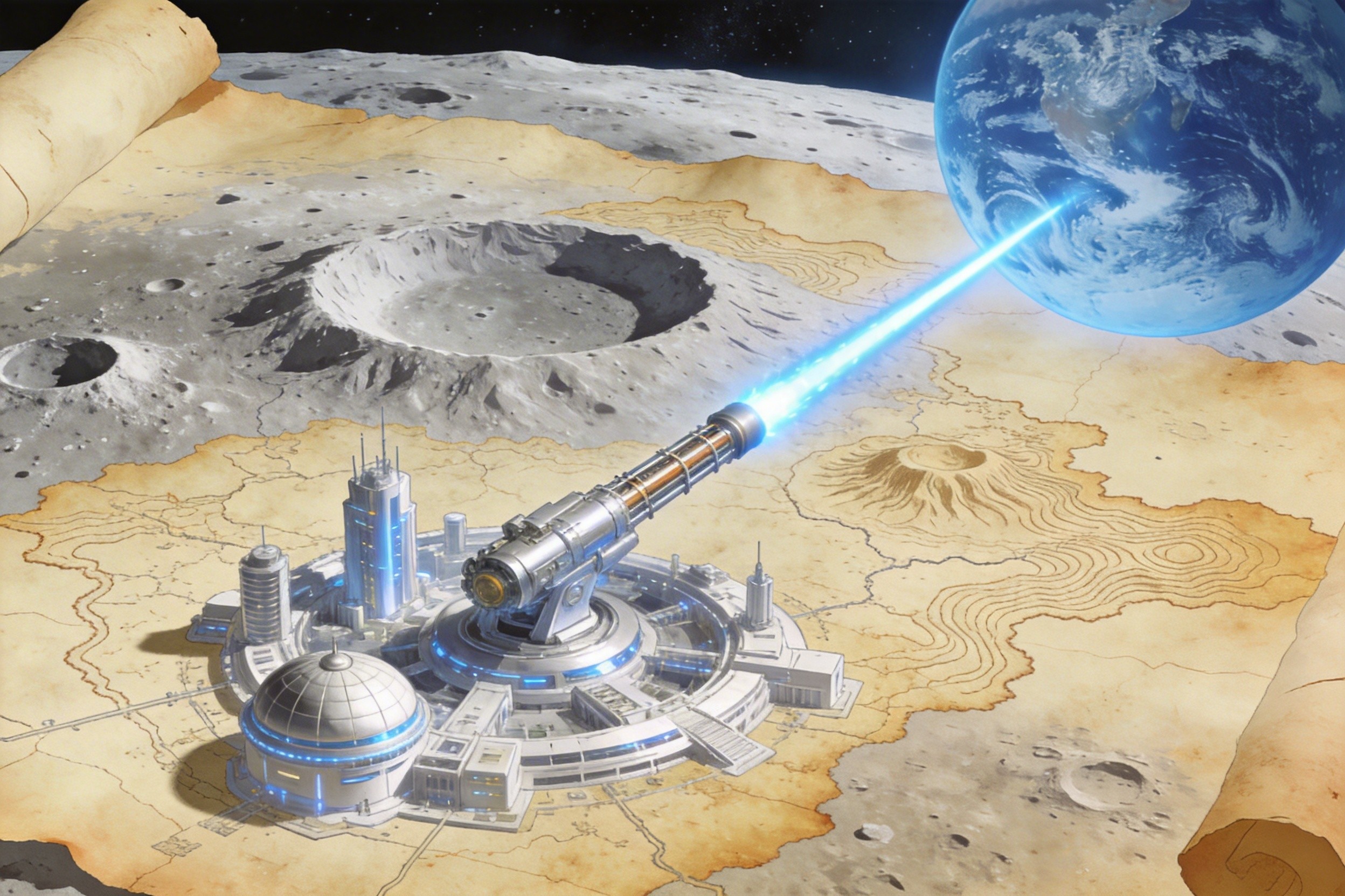 荒凉的月球表面建立了未来城市基地，巨大的电磁轨道炮正在向深空发射物资，地球悬挂在天边，羊皮纸，钢笔彩色手绘的统一风格。