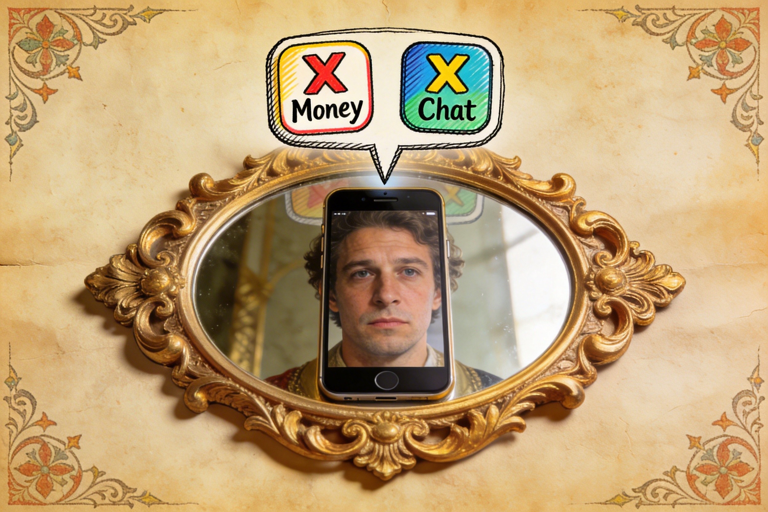 一个复古的智能手机屏幕显示着“X Money”和“X Chat”的图标，旁边是一面照出真实面孔的魔镜，象征讲真话的AI，羊皮纸，钢笔彩色手绘的统一风格。
