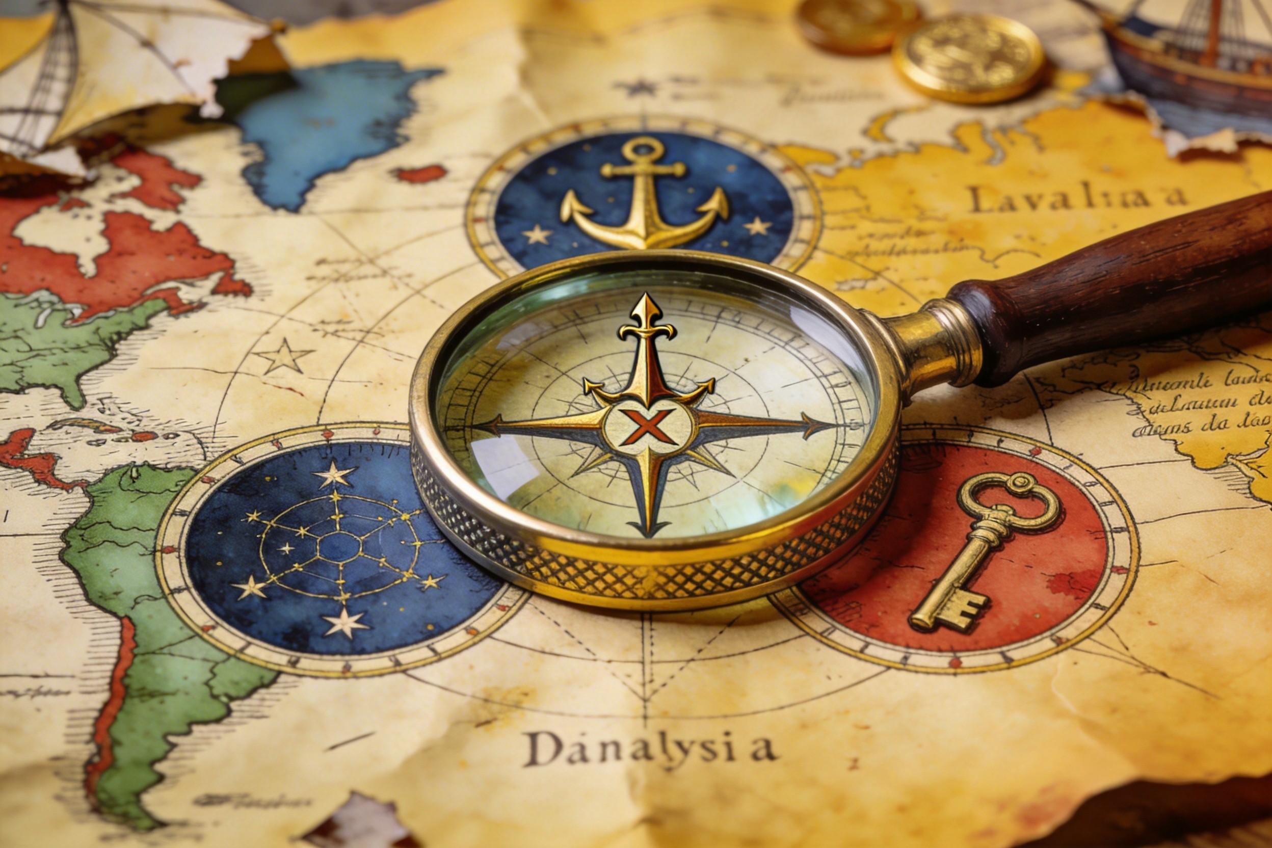 一张古老的航海图被放大镜观察，地图被划分为三个区域，分别标记着不同的神秘符号，象征分析的三个方向，羊皮纸，钢笔彩色手绘的统一风格。