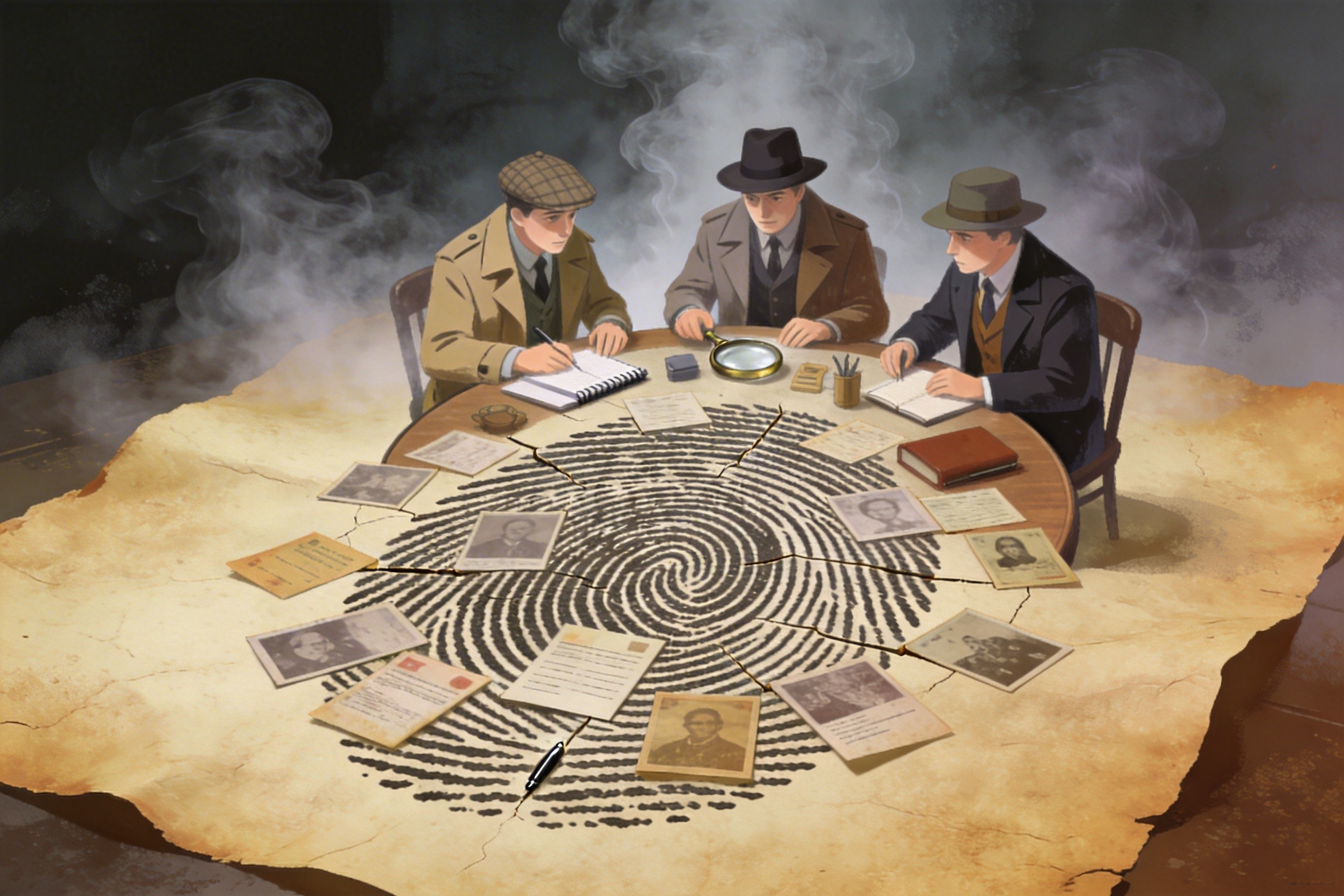 三个侦探模样的角色围在一张圆桌旁讨论，桌上摆着线索卡片，背景是充满谜团的雾气，羊皮纸，钢笔彩色手绘的统一风格。