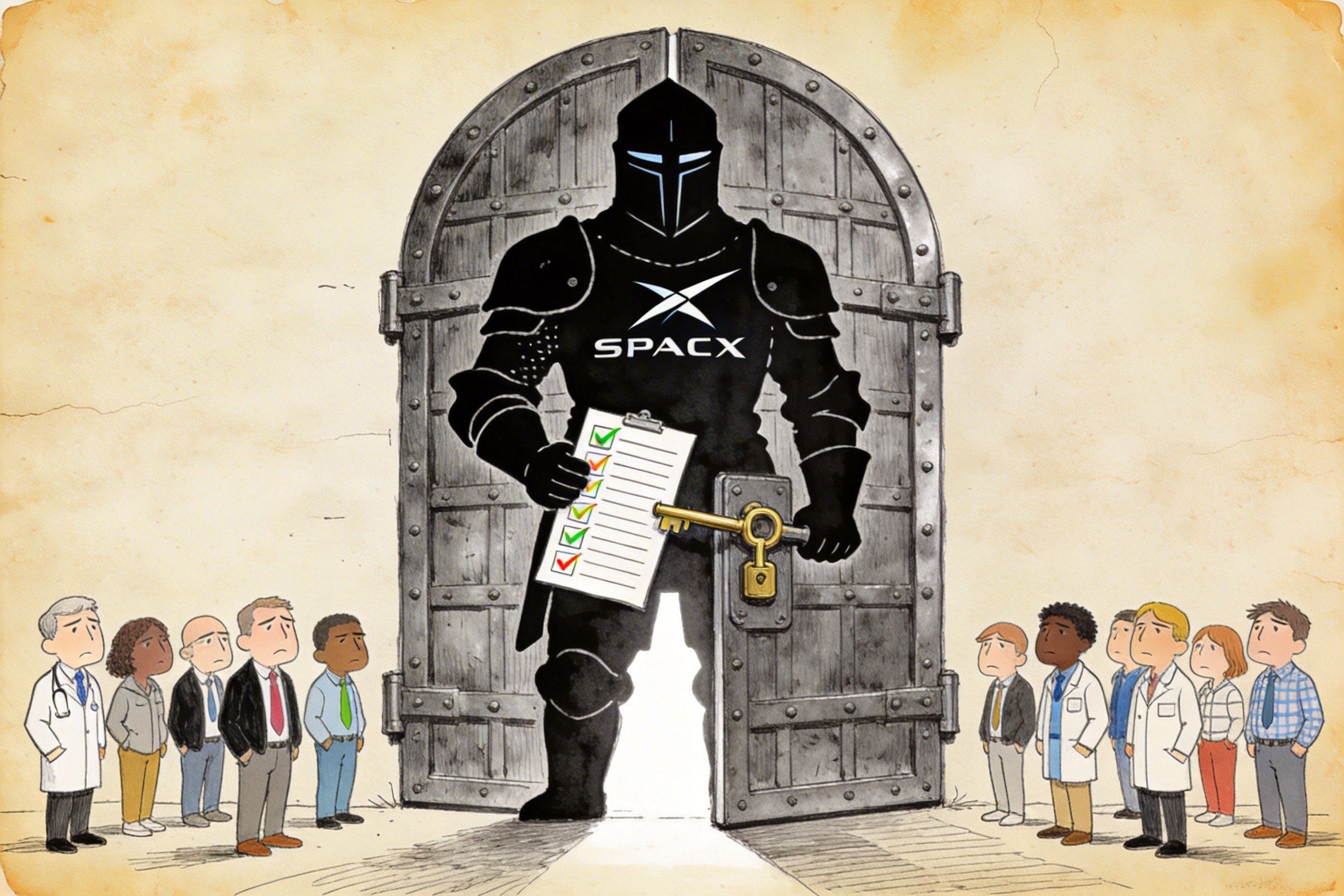 一个严厉的守门人挡在带有SpaceX标志的铁门前，手中拿着检查清单，门外是一群不同国籍的研究员无奈地站着，羊皮纸，钢笔彩色手绘的统一风格。