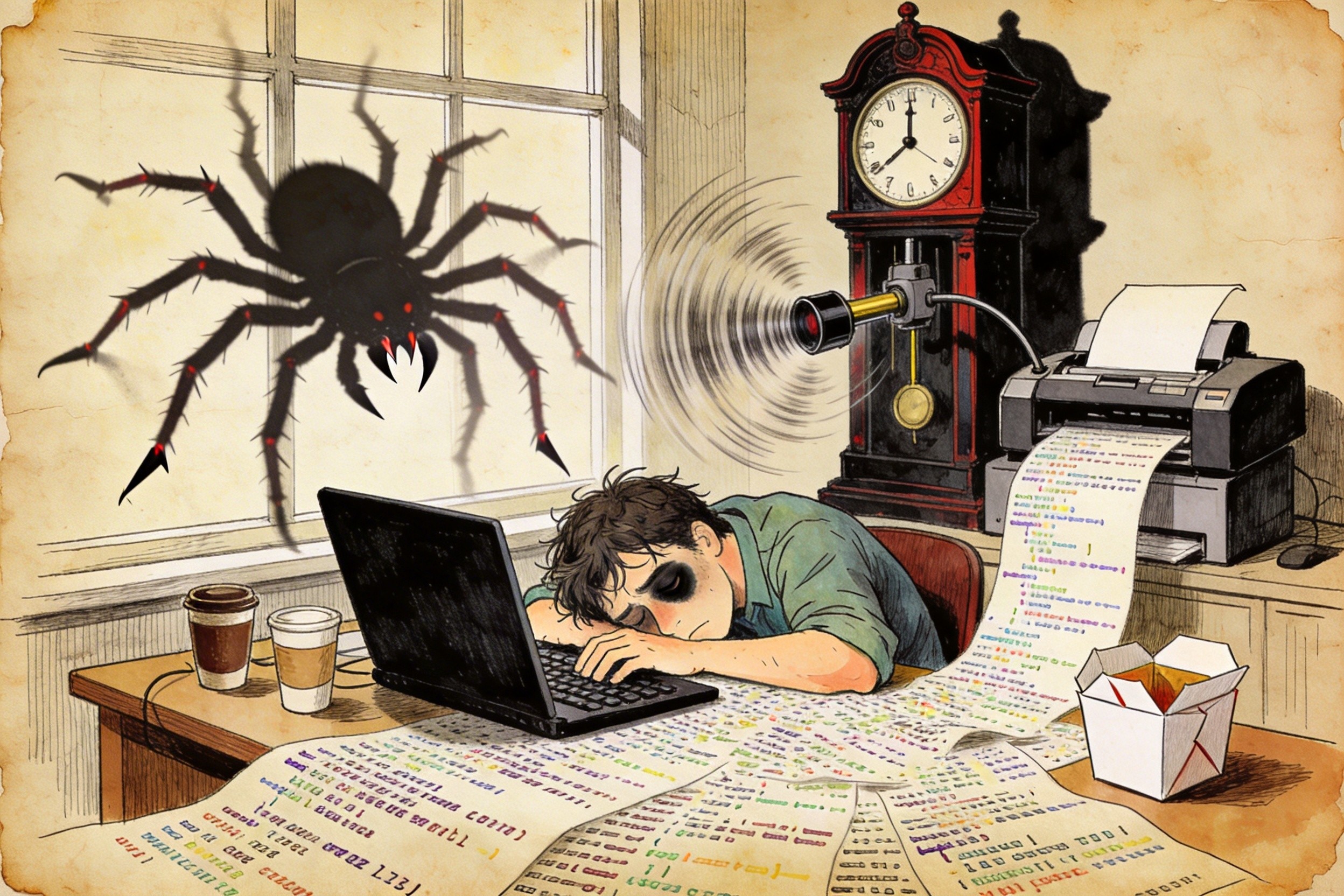 巨大的钟表指针飞速旋转，疲惫的程序员趴在堆满代码纸张的桌子上睡觉，窗外是一只夸张的蜱虫阴影，羊皮纸，钢笔彩色手绘的统一风格。