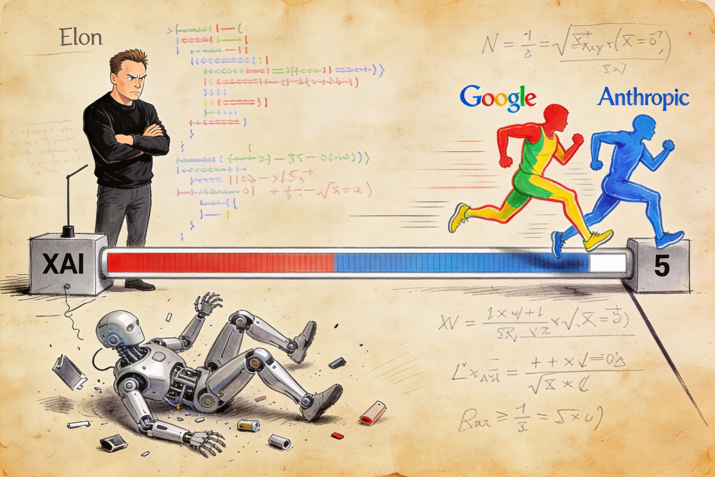 一场赛跑比赛，标有Google和Anthropic的跑者遥遥领先，而代表xAI的机器人跌倒在起跑线附近，马斯克在旁不满地看着，羊皮纸，钢笔彩色手绘的统一风格。