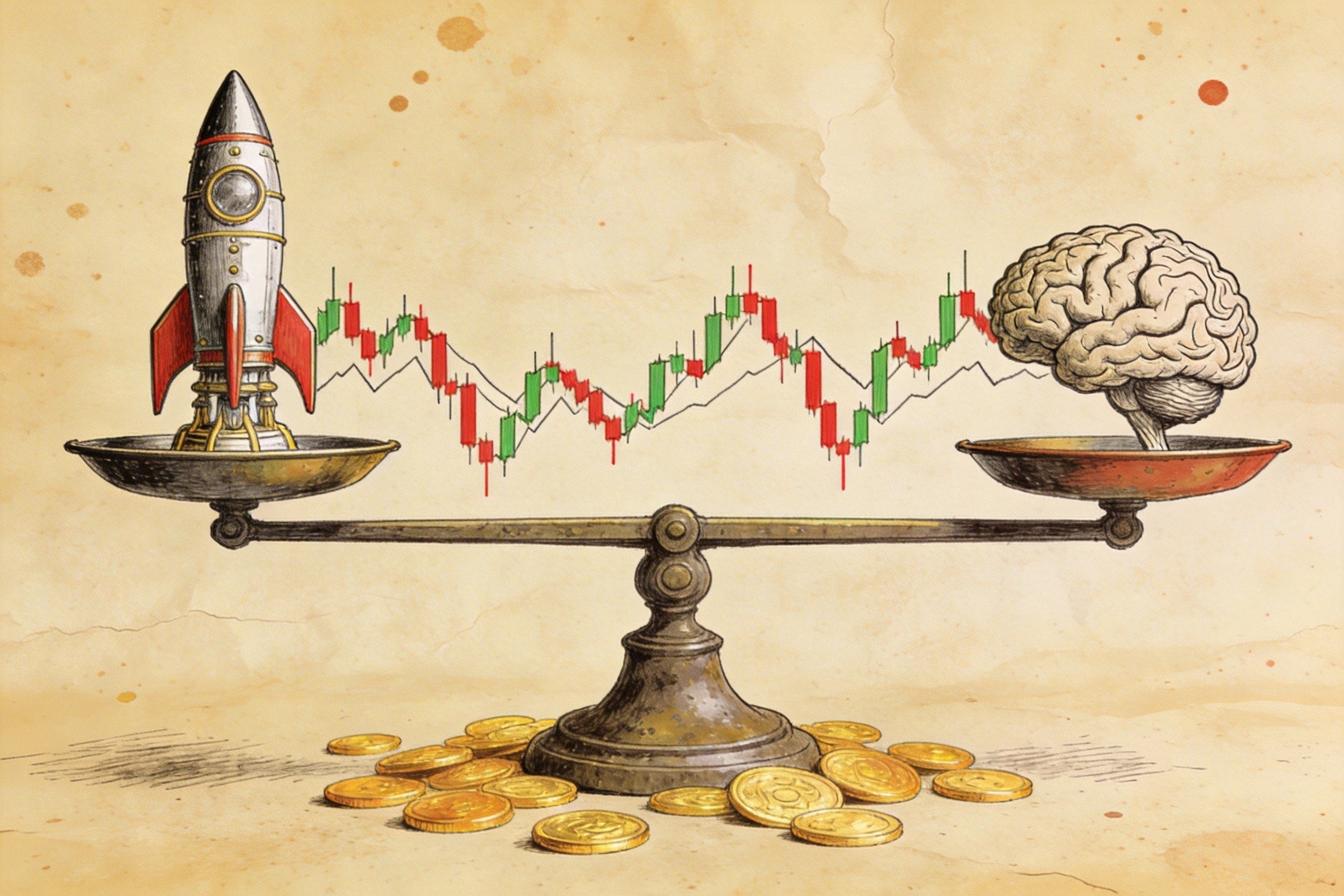 一架古老的天平，一边放着火箭模型，另一边放着大脑模型，金币洒落一地，背景是股市曲线图，羊皮纸，钢笔彩色手绘的统一风格。
