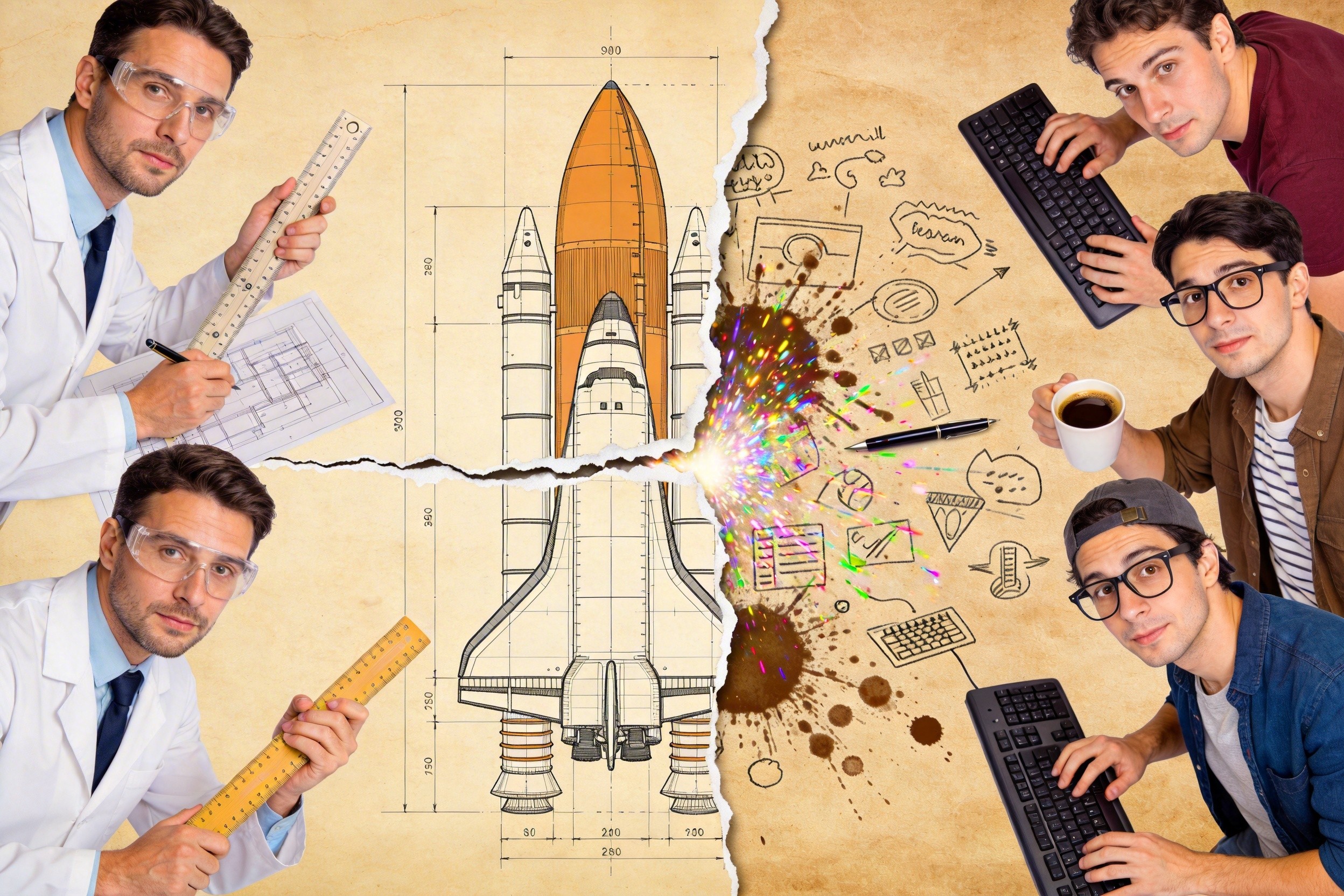 左边是一群严谨的工程师手持火箭蓝图和规尺，右边是一群随性的极客拿着键盘和咖啡，两拨人在中间激烈争论，火花四溅，羊皮纸，钢笔彩色手绘的统一风格。