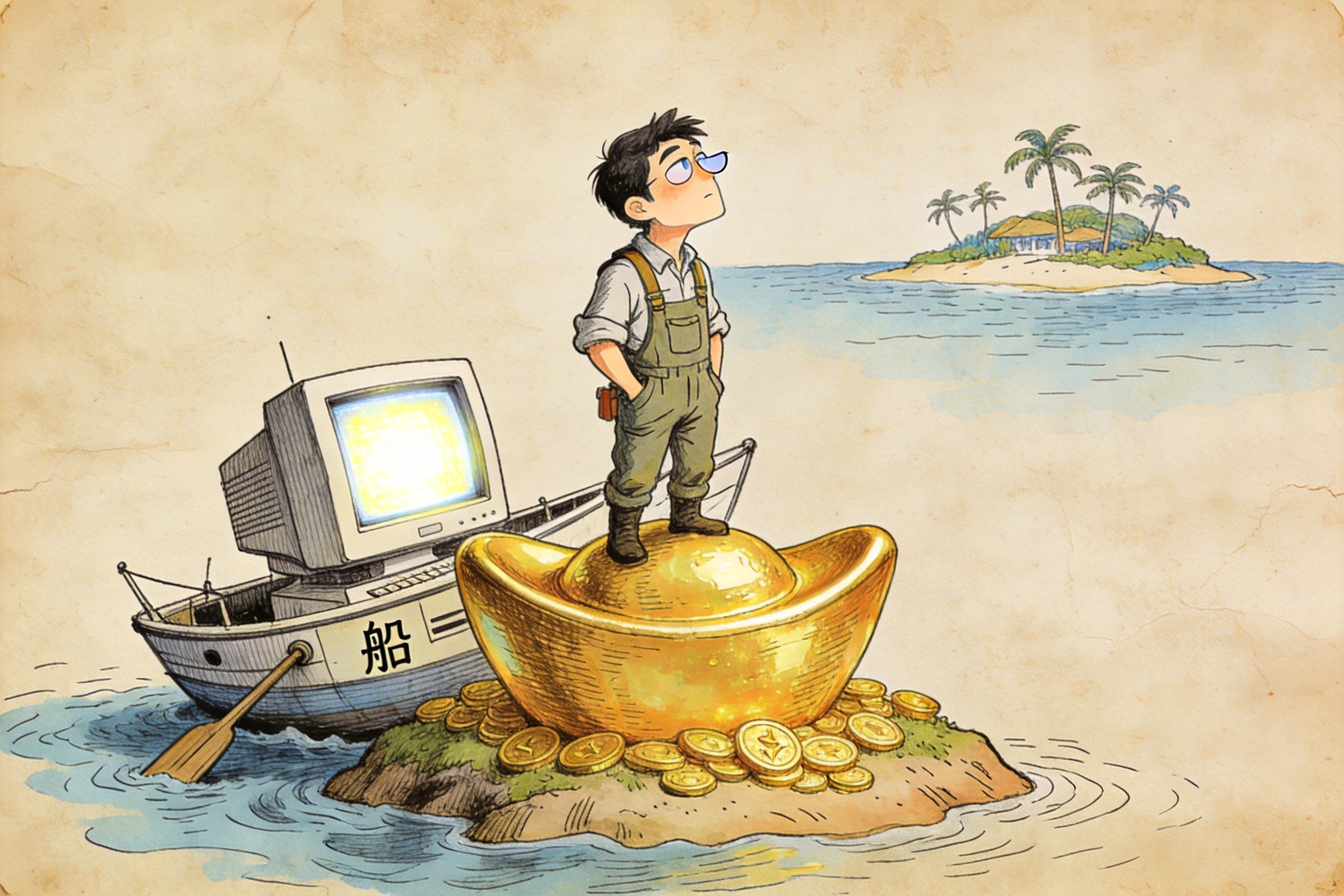 一个身穿工装的人手里捧着巨大的金元宝，眼神迷离地看着远方的度假海岛，身后是被遗忘的正在工作的电脑，羊皮纸，钢笔彩色手绘的统一风格。