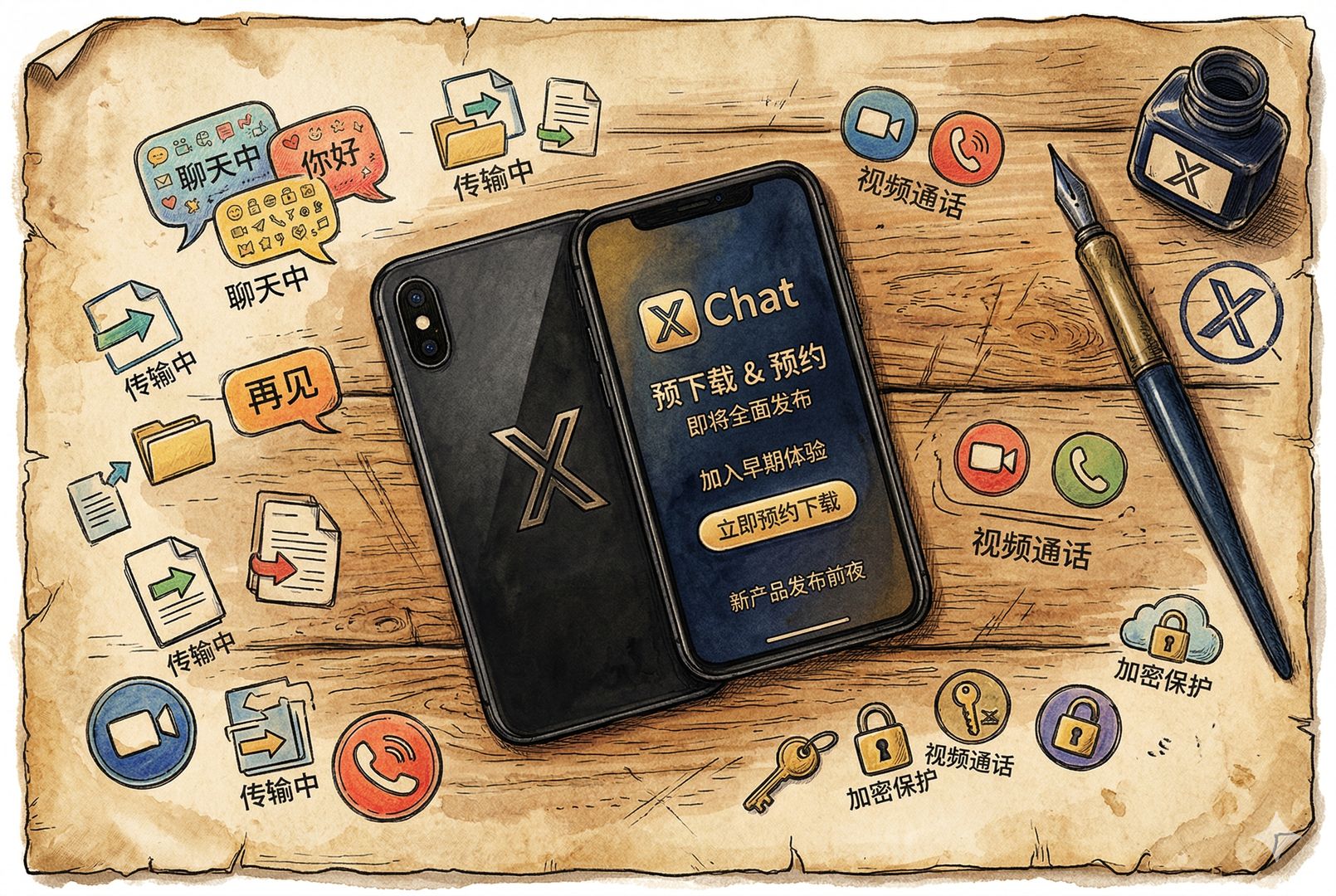 一部标有 X 标识的黑色智能手机置于木桌中央，屏幕上显示 XChat 预约下载界面，周围散落着聊天气泡、文件传输图标、视频通话按钮与加密锁徽记，像一张新产品发布前夜的静物封面，羊皮纸，钢笔彩色手绘的统一风格。
