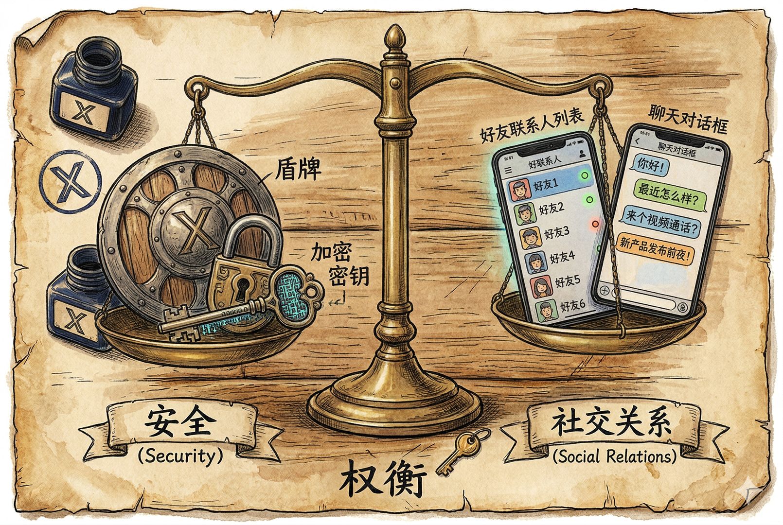 一架天平摆在案桌上，一侧是盾牌、锁和加密密钥，另一侧是亮着头像的好友联系人列表与聊天对话框，暗示安全与社交关系的权衡，羊皮纸，钢笔彩色手绘的统一风格。