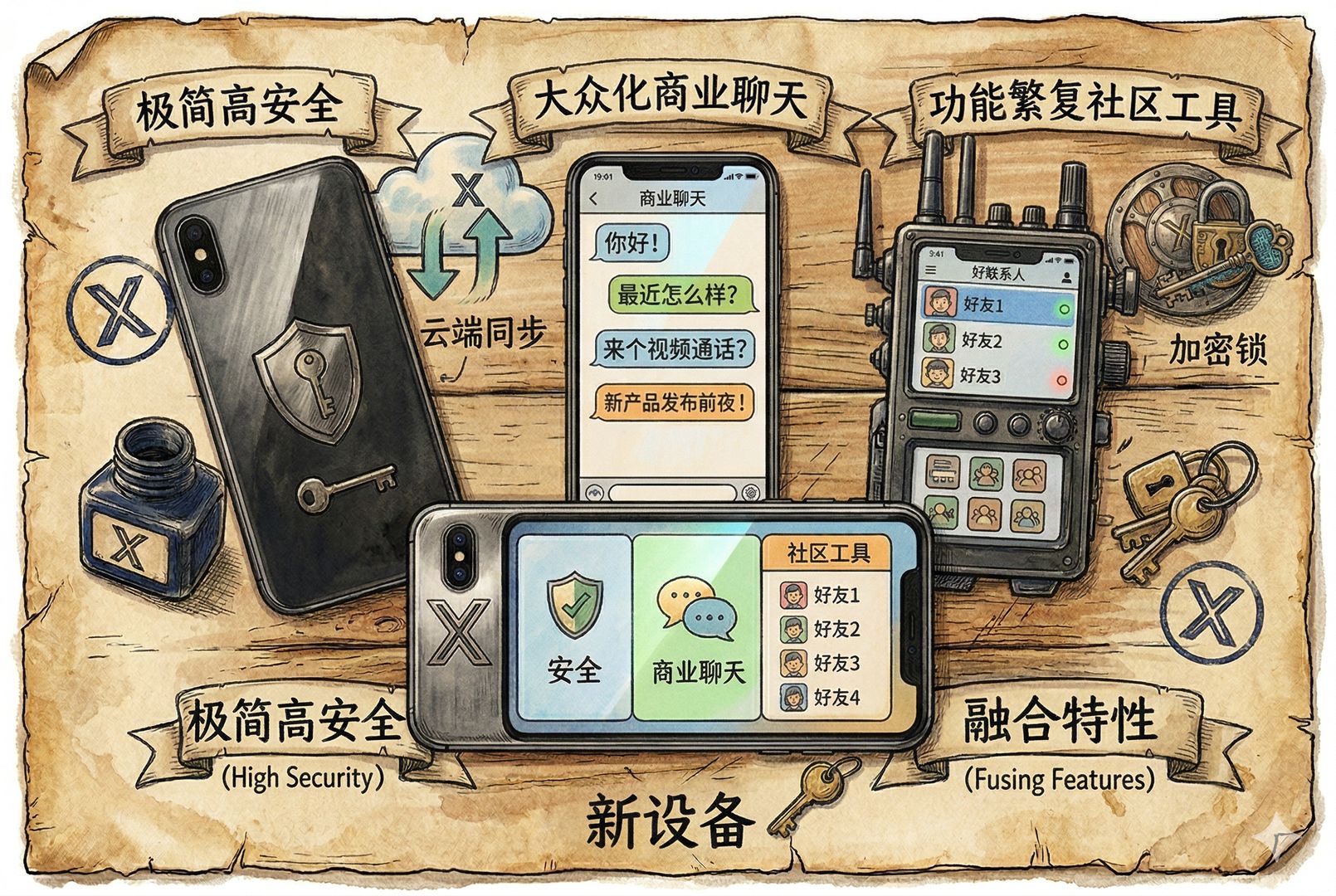 三台不同风格的通信设备并排展开，一台代表极简高安全、一台代表大众化商业聊天、一台代表功能繁复社区工具，前景是一台带 X 标记的新设备试图融合三者特性，背景有云端同步与加密锁图示，羊皮纸，钢笔彩色手绘的统一风格。