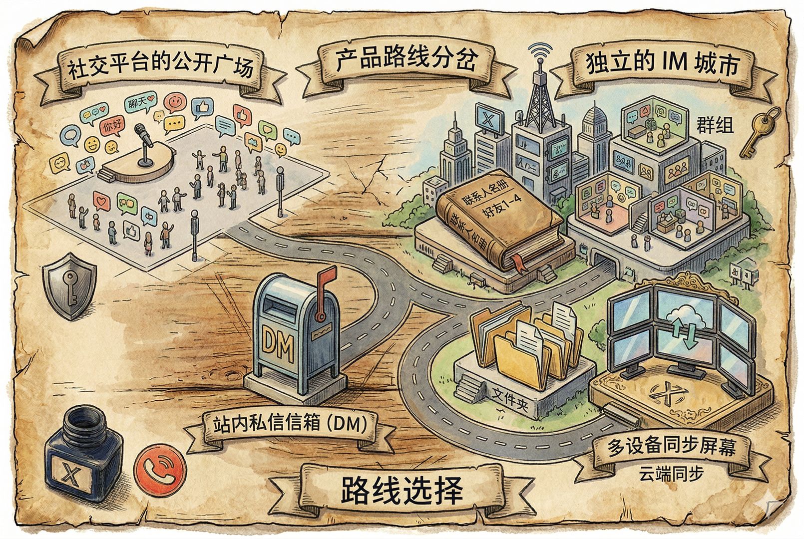 一条道路从社交平台的公开广场延伸出来，左边是写着 DM 的站内私信信箱，右边通向独立的 IM 城市，城市里有联系人名册、群组、文件夹与多设备同步的屏幕，表现产品路线分岔，羊皮纸，钢笔彩色手绘的统一风格。