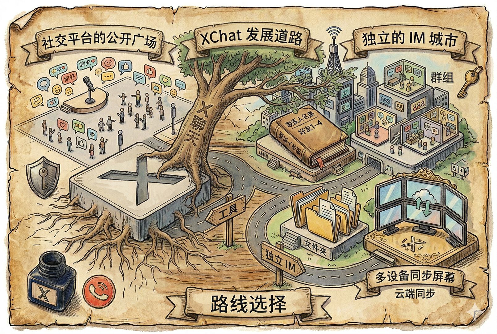 一棵长在巨大 X 标志广场边缘的树，树干写着 XChat，根系从主平台下方吸收养分，枝叶却伸向独立聊天世界，地面出现“工具”与“独立 IM”两块方向牌，羊皮纸，钢笔彩色手绘的统一风格。
