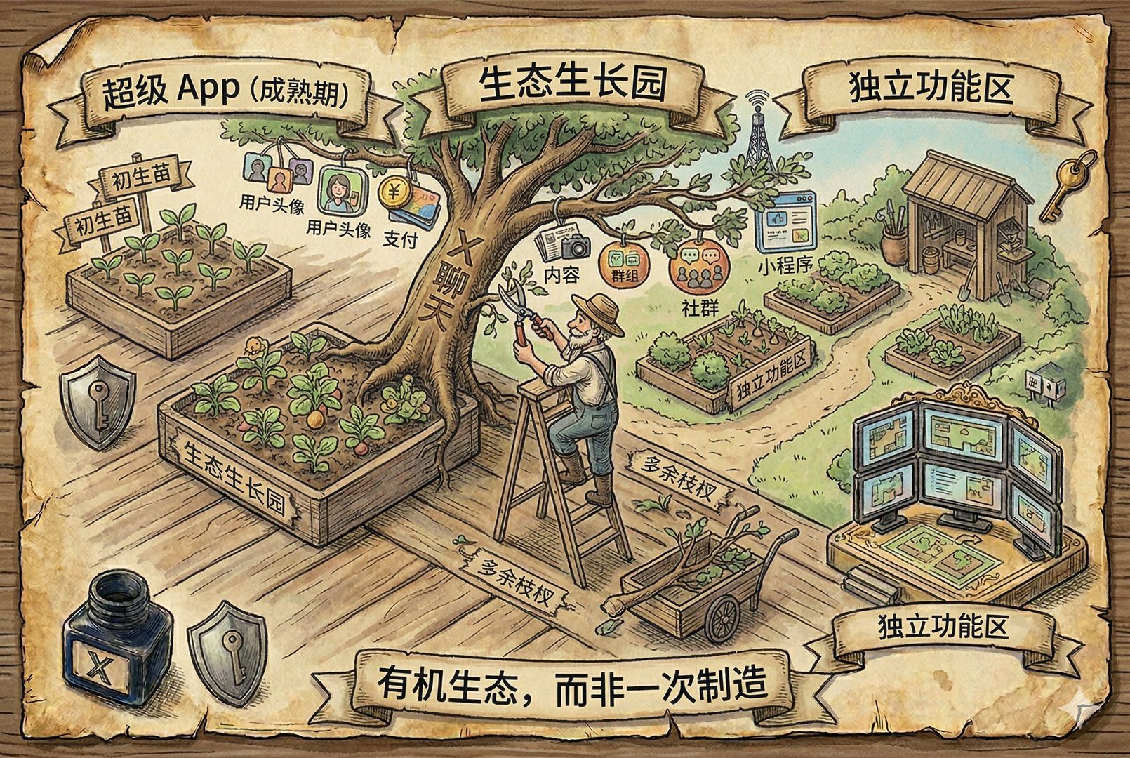 一座花园里，一株名为“超级 App”的植物从小苗逐渐长成大树，树冠上挂着用户头像、支付、内容、社群、小程序等果实，园丁在修剪多余枝杈，强调生态生长而非一次制造，羊皮纸，钢笔彩色手绘的统一风格。