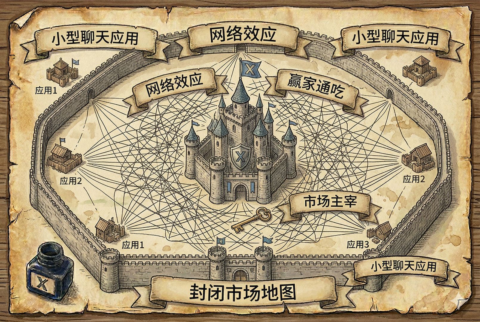 一张封闭市场地图被高墙围住，中央只有一个最大的聊天城堡，城堡周围密密麻麻连着好友网络线，其他几个小型聊天应用据点被挤压到边缘，突显网络效应与赢家通吃，羊皮纸，钢笔彩色手绘的统一风格。