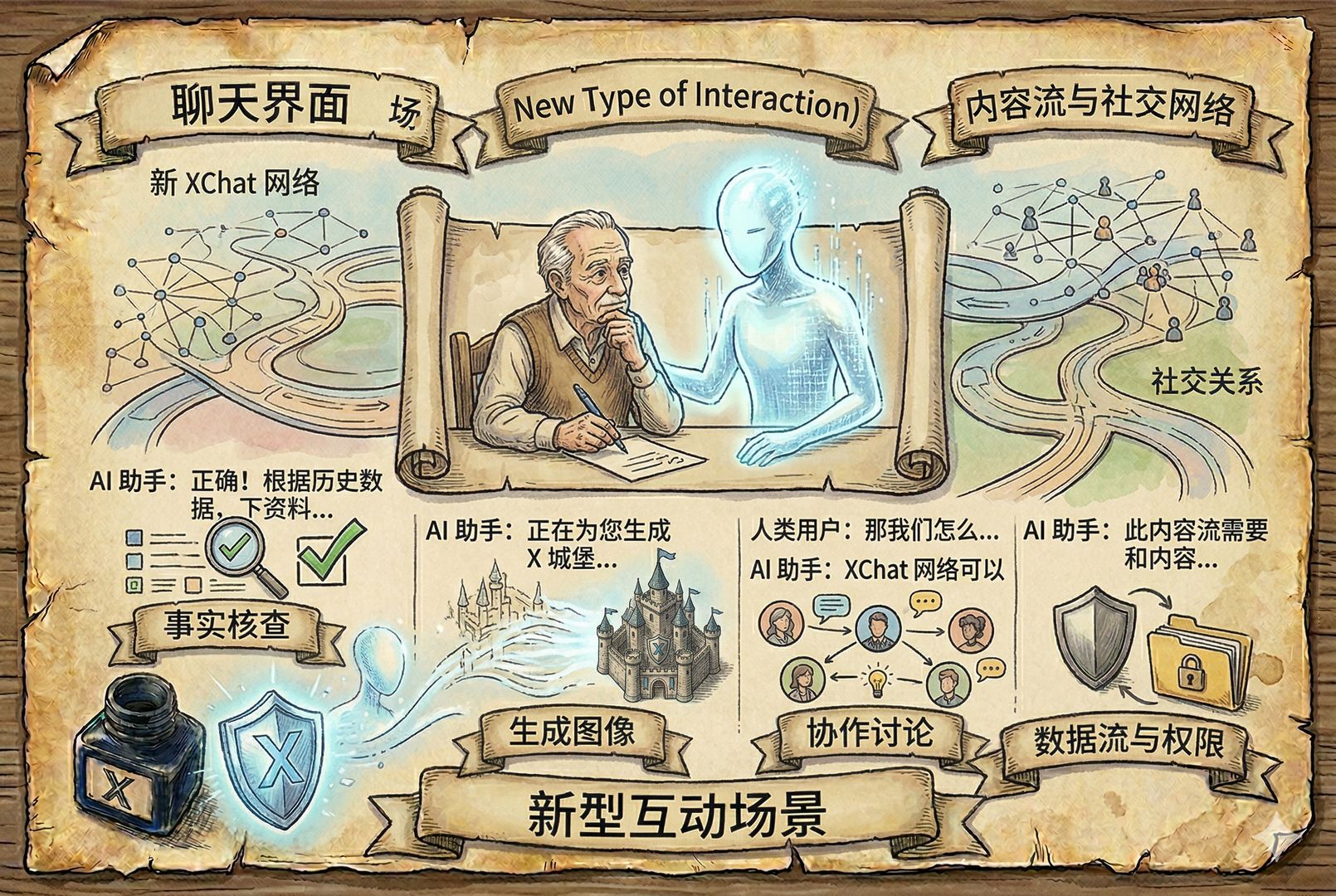 聊天界面中，人类用户与一个发光的 AI 助手并肩对话，AI 不只是回答问题，还参与事实核查、生成图像和协作讨论，背后隐约连接内容流与社交网络，呈现新型互动场景，羊皮纸，钢笔彩色手绘的统一风格。