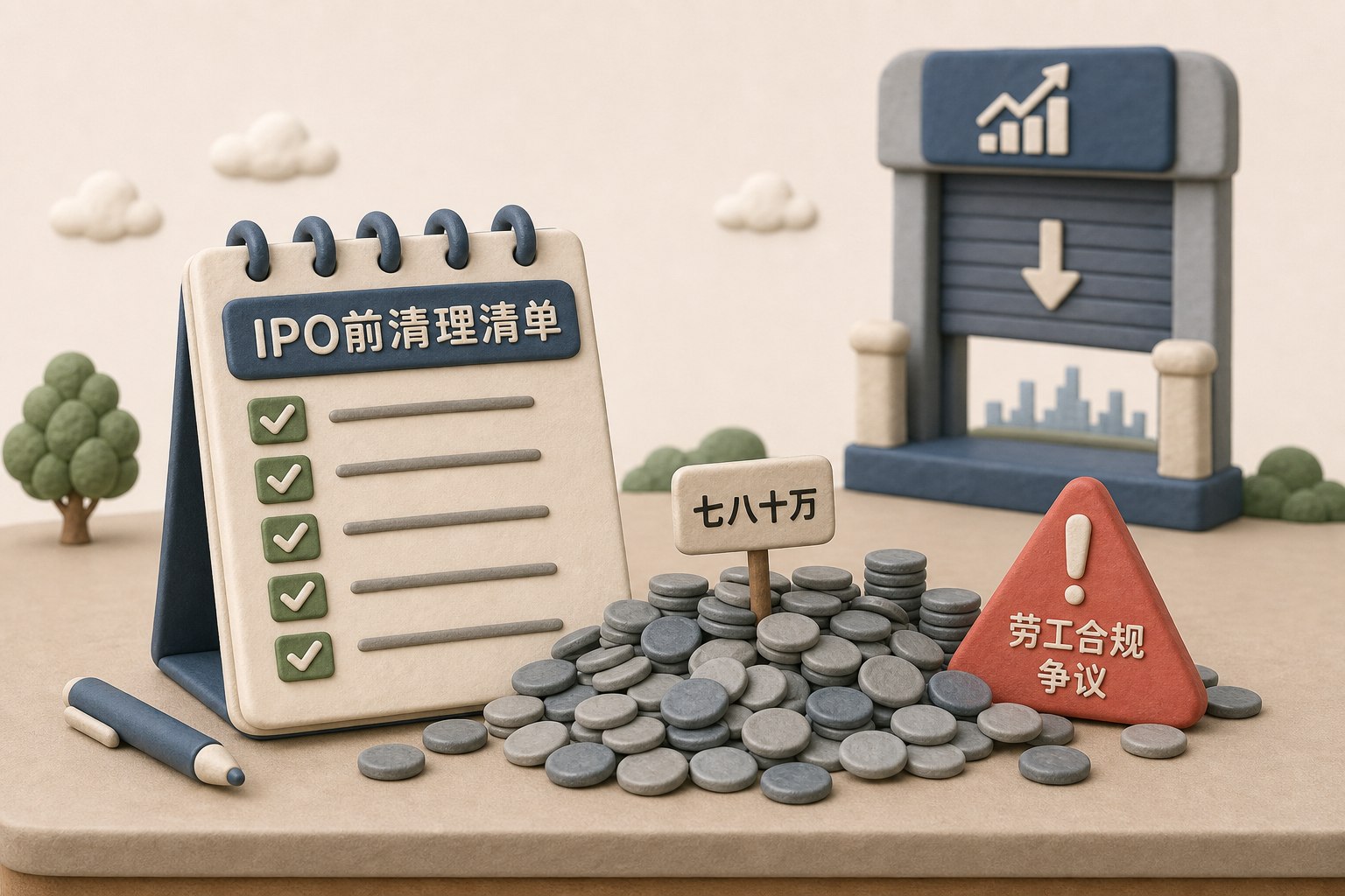 IPO前清理清单摊在桌面上,七八十万小硬币旁边埋着一颗写有劳动争议的地雷,远处上市窗口正在缓慢关闭,浅色背景的商业评论版橡皮泥平面信息图的统一风格。