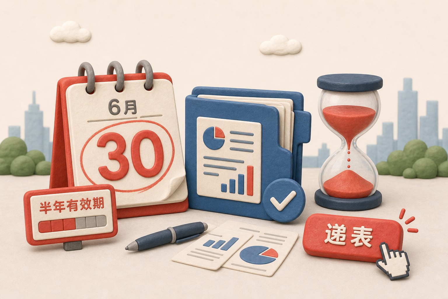 审计报告日历翻到6月30日,财务报表文件夹旁边有倒计时沙漏和递表按钮,显示半年有效期的紧迫感,浅色背景的商业评论版橡皮泥平面信息图的统一风格。