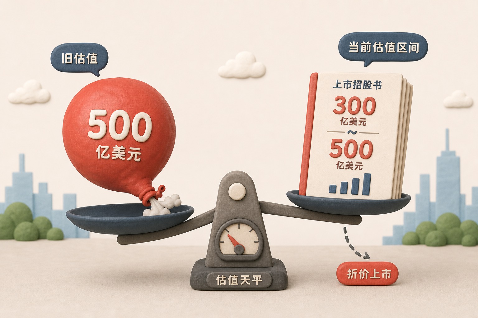 一个估值天平左侧放着500亿美金旧估值气球,右侧放着300亿到500亿美金上市招股书,气球漏气下沉形成流血上市的视觉对比,浅色背景的商业评论版橡皮泥平面信息图的统一风格。