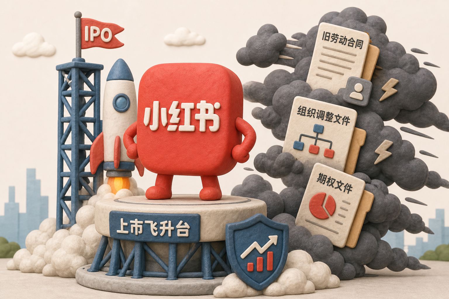 小红书公司外壳站在上市飞升台上接受雷电淬炼,旧劳动合同、裁员通知和期权文件化成心魔云团从背后追来,浅色背景的商业评论版橡皮泥平面信息图的统一风格。