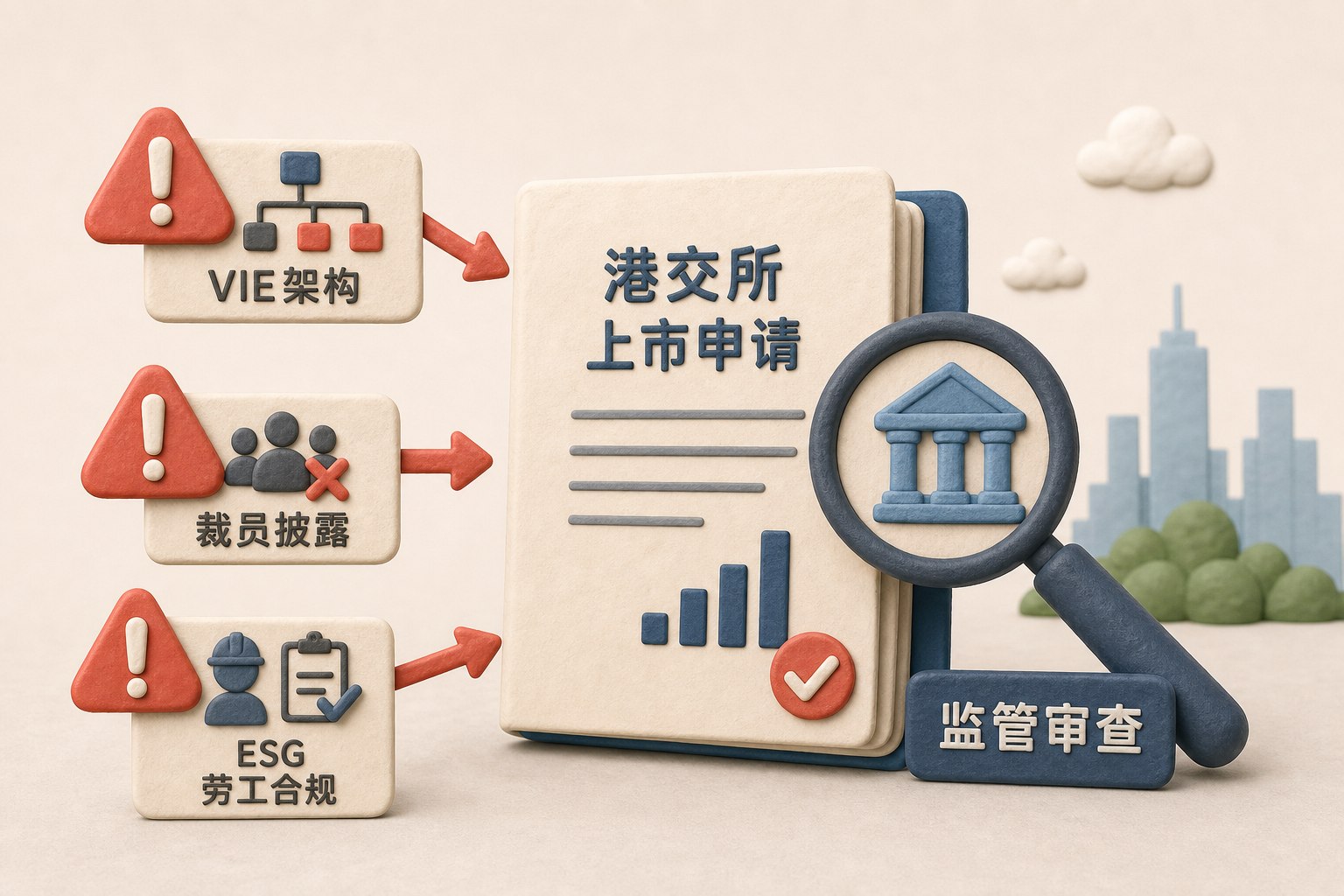 三把标注VIE架构、裁员披露、ESG劳工合规的小刀同时落向一份港交所上市申请文件,文件旁有监管放大镜正在检查,浅色背景的商业评论版橡皮泥平面信息图的统一风格。