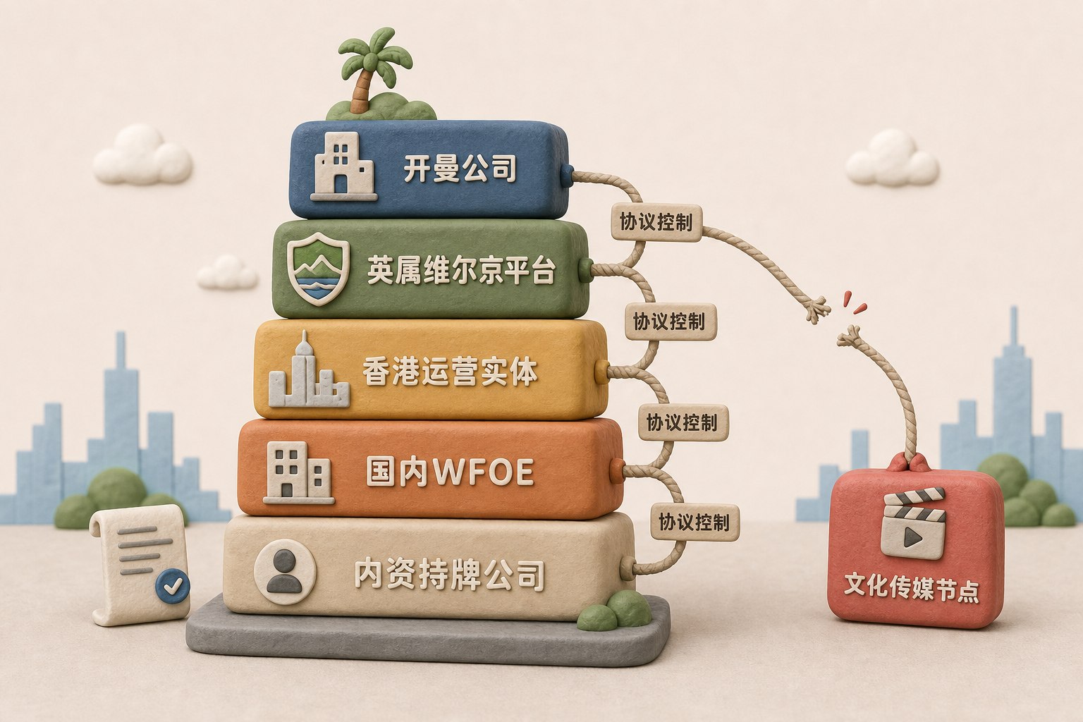 开曼公司、英属维尔京平台、香港运营实体、国内WFOE和内资持牌公司层层堆叠成架构塔,协议控制的绳索连接各层,旁边有一个断开的薯一薯二文化传媒节点,浅色背景的商业评论版橡皮泥平面信息图的统一风格。