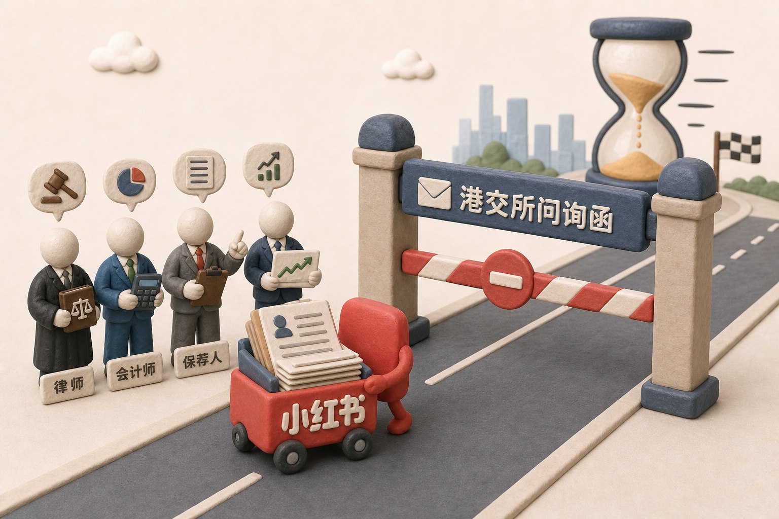 港交所问询函像关卡闸门横在上市跑道上,小红书文件车旁边围着律师、会计师、保荐人和投行顾问,远处沙漏里的时间快速流失,浅色背景的商业评论版橡皮泥平面信息图的统一风格。
