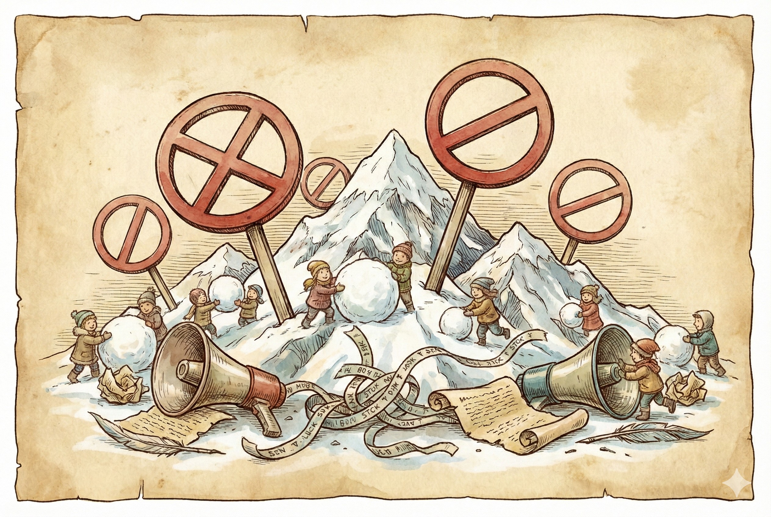 覆盖着白雪的山峰上插着几个巨大的禁止符号,山脚下散落着破碎的扩音器和老式股票行情纸带,羊皮纸,钢笔彩色手绘的统一风格。3:2