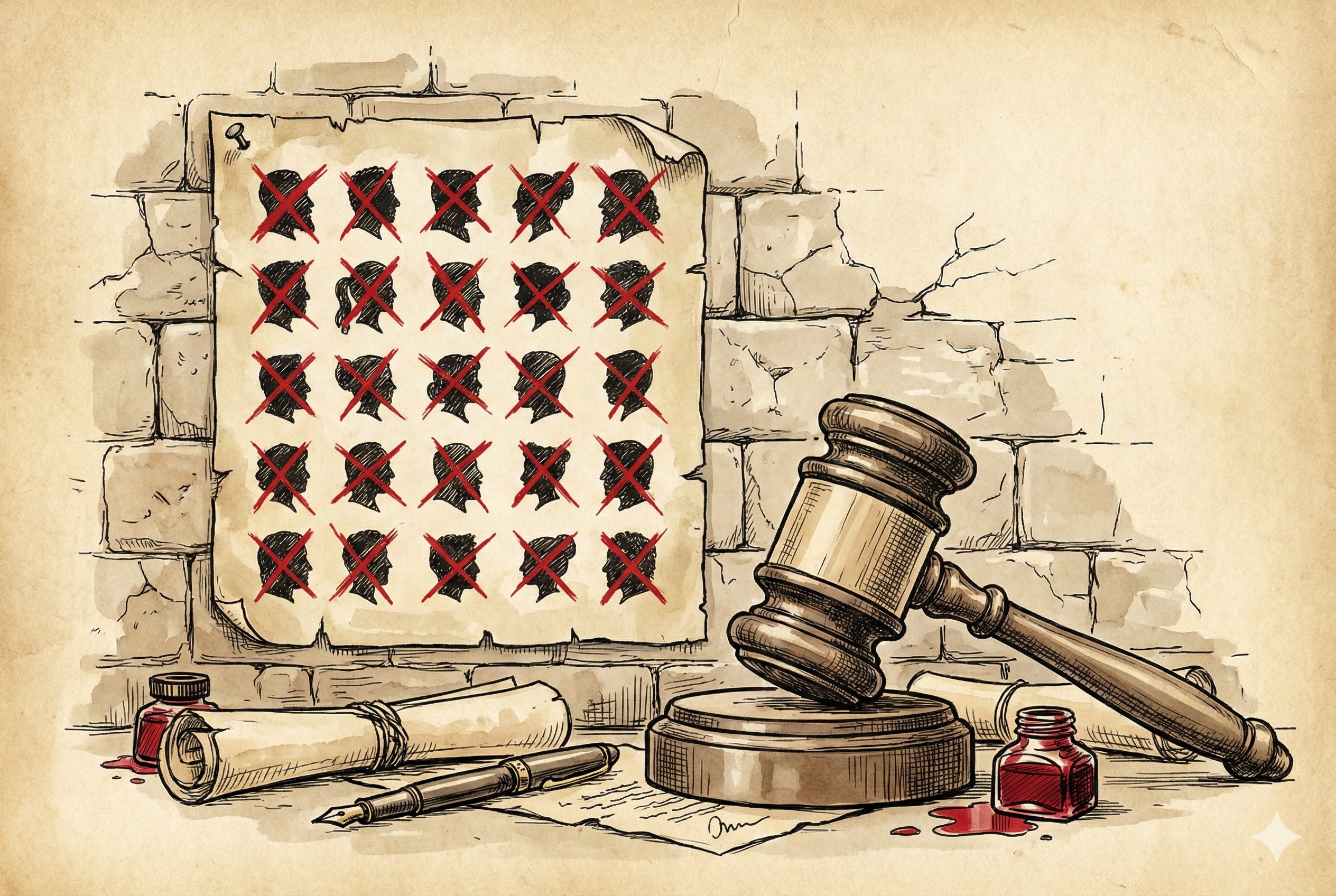 一面斑驳的墙上贴着通告,上面有二十二个被红墨水打叉的剪影头像,旁边放着一把威严的法官木槌,羊皮纸,钢笔彩色手绘的统一风格。3:2