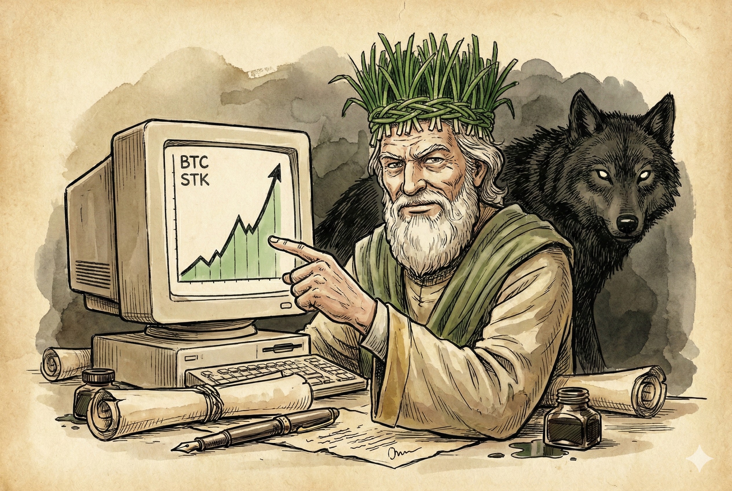 一位头戴韭菜编织皇冠的老人自信地指着电脑屏幕上的陡峭曲线,背后有一只阴影中的狼在窥视,羊皮纸,钢笔彩色手绘的统一风格。3:2