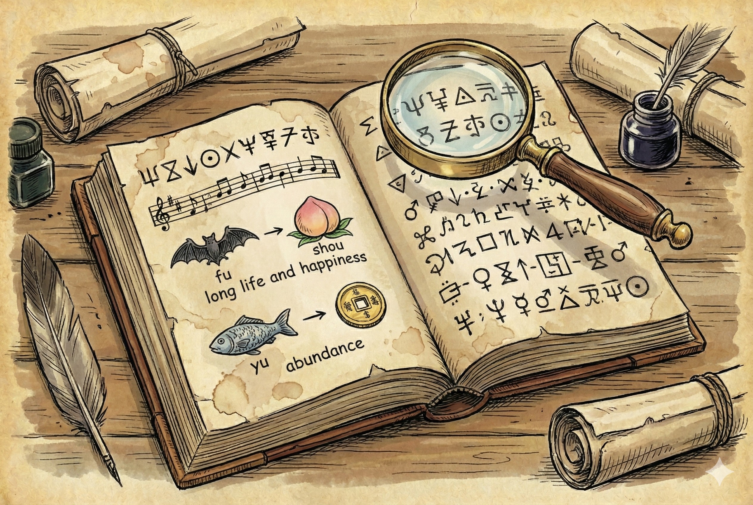 一本打开的古老书籍,书页上写的不是文字而是各种奇怪的谜题符号和谐音图案,一把放大镜悬在上方,羊皮纸,钢笔彩色手绘的统一风格。3:2