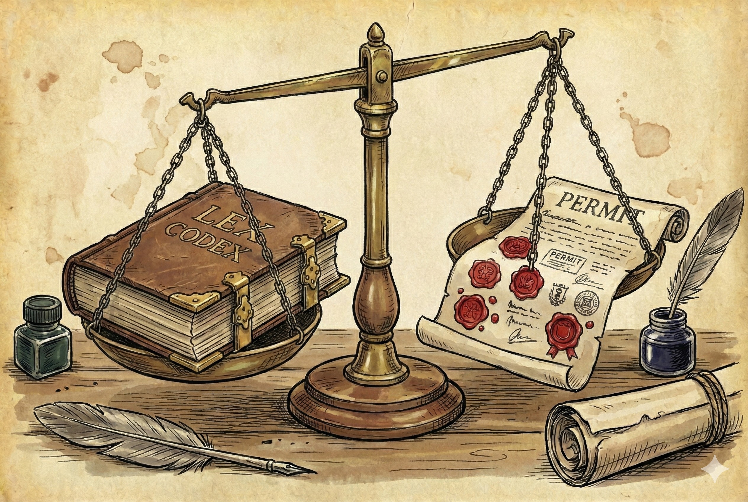 一个古老的天平,左盘放着一本厚重的法律法典,右盘放着一张盖满鲜红印章的许可证,羊皮纸,钢笔彩色手绘的统一风格。3:2