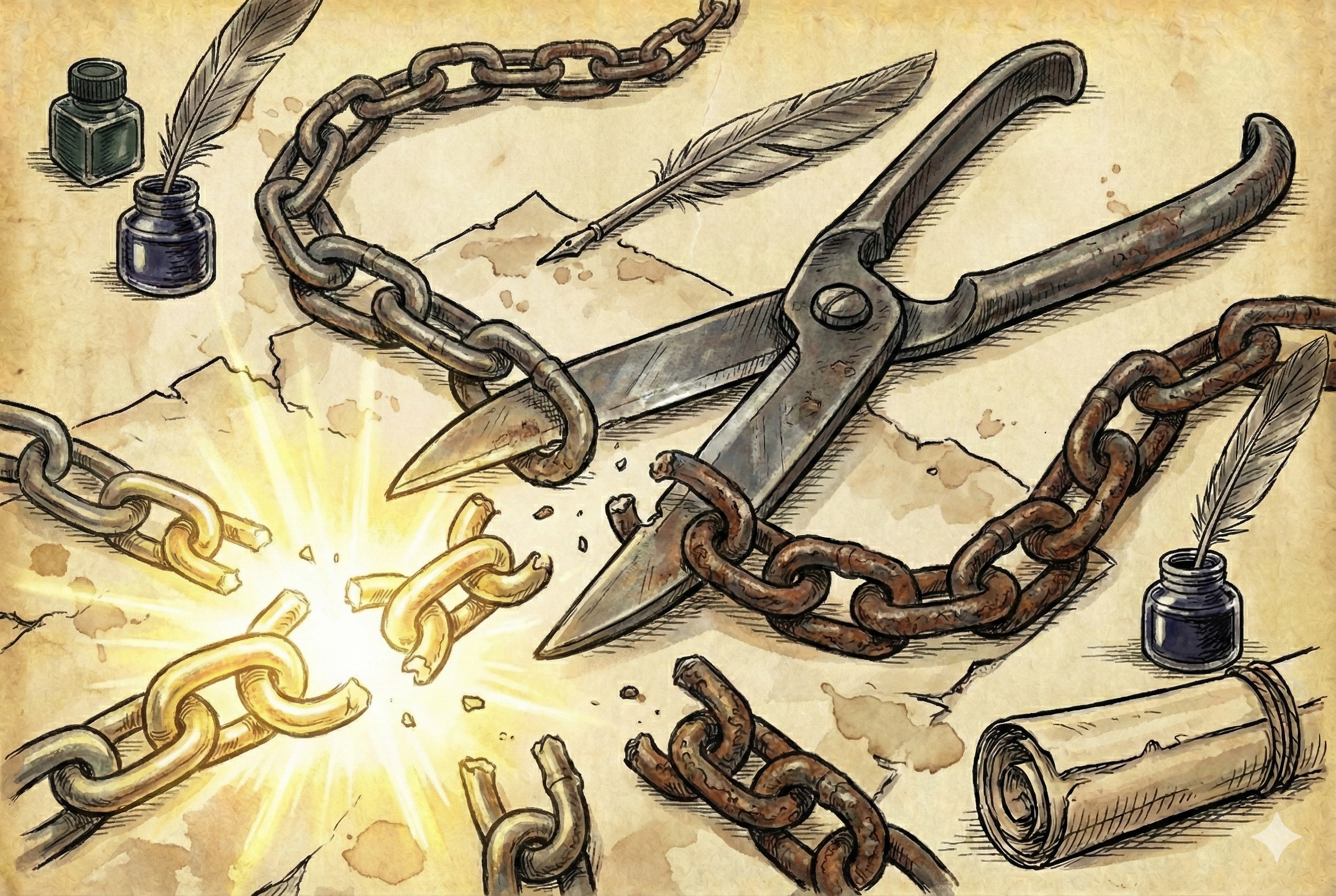 一把巨大的剪刀正在剪断一条粗铁链,地上散落着断裂的链环,有些链环闪着真理的光芒,有些则锈迹斑斑,羊皮纸,钢笔彩色手绘的统一风格。3:2