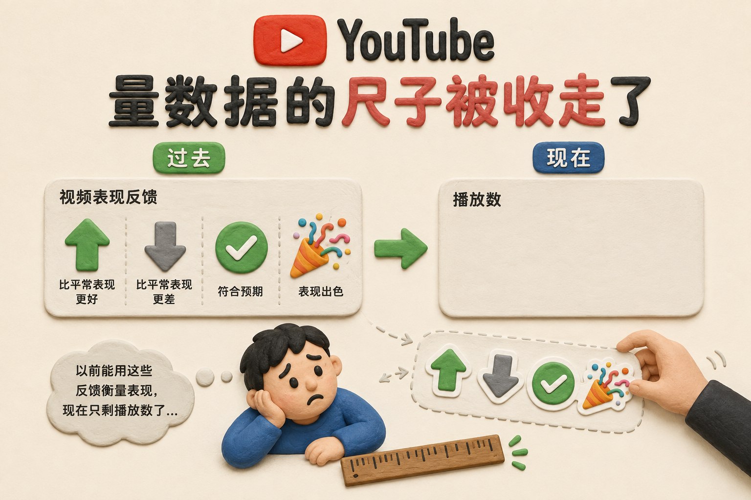 博客封面，浅米白底上呈现YouTube后台变化的编辑示意图；左侧旧反馈卡带绿色向上箭头、灰色向下箭头、绿色对勾和礼花，右侧新卡片仅保留“播放数”标签，旧图标像贴纸一样被取下，底部一个创作者面对被收走的尺子