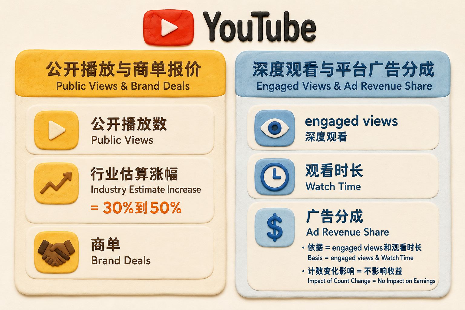 横向双栏解释图，两张并排的平面卡片，共用上方YouTube红色播放标识；左卡是公开播放与商单报价，右卡是深度观看与平台广告分成，使用清晰中文与英文术语，避免把播放涨幅画成收益涨幅