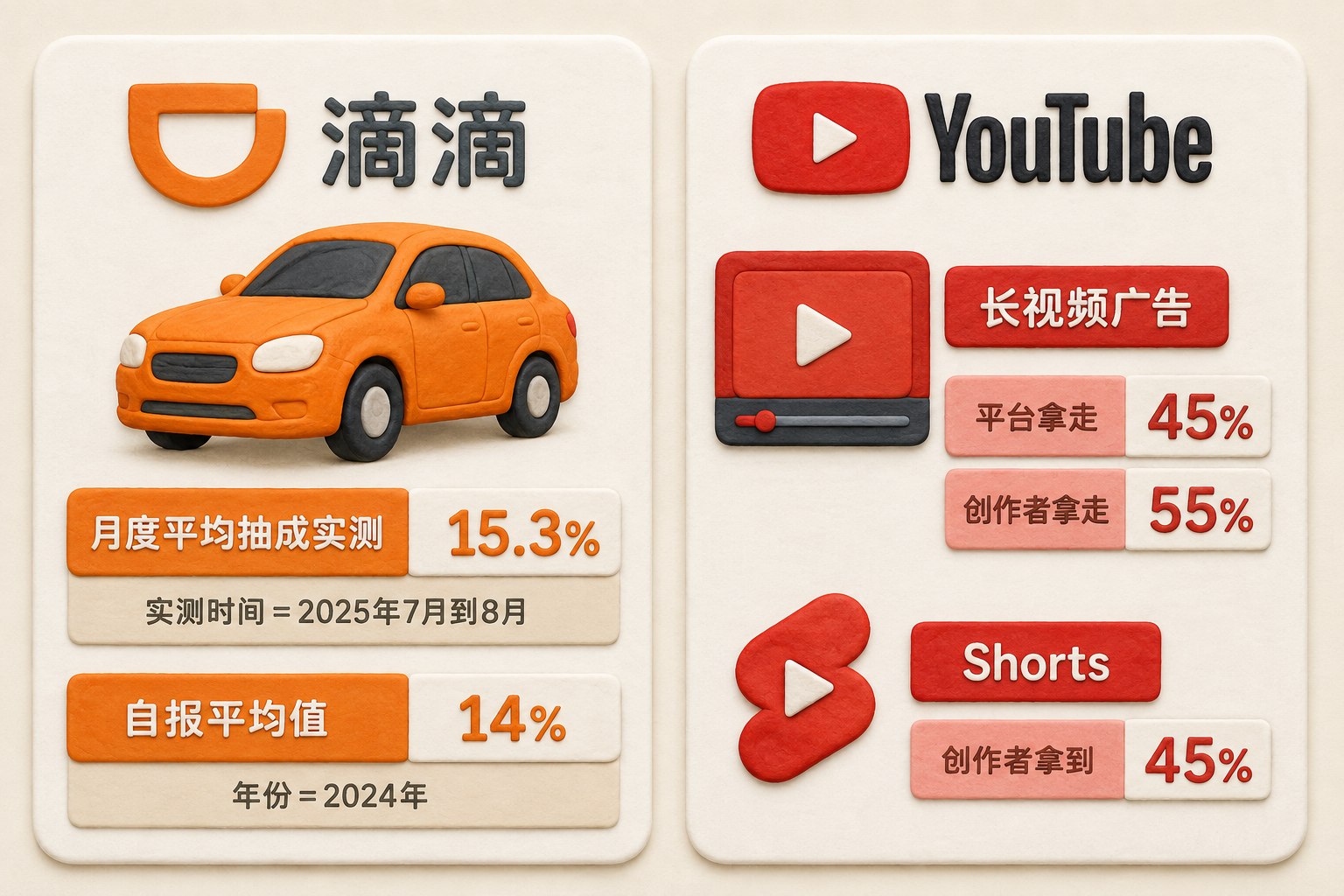 平面商业评论数字卡片，左侧滴滴品牌名和橙色汽车图标，右侧YouTube红色播放标识和视频图标；以各自独立的数字卡展示两种业务口径，不画成一个饼图，不暗示同类服务成本完全可比