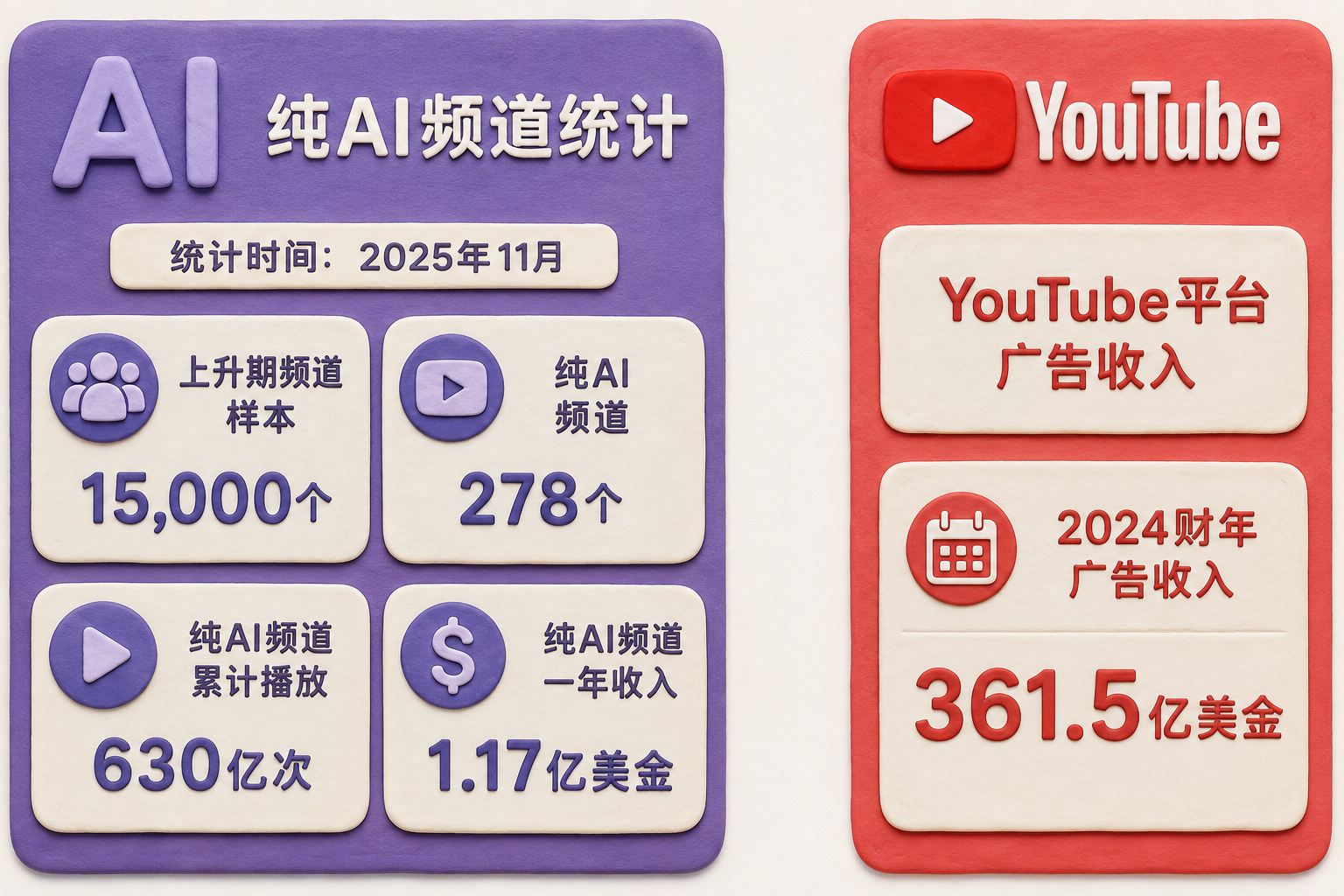 两大区域严格分离的平面信息图；左侧紫色区域标题“纯AI频道统计”，内部所有子卡都属于纯AI频道：样本、频道数、累计播放、一年收入