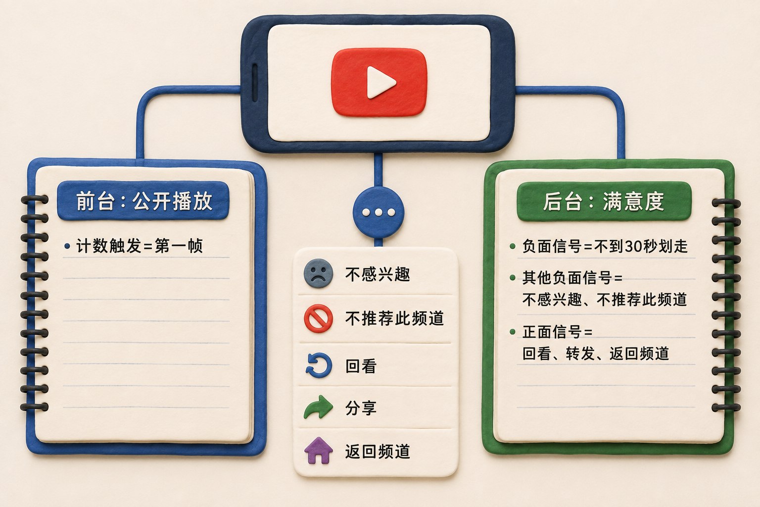 一个平面手机视频卡分出两条线分别接到两本并排账册，左边“前台：公开播放”，右边“后台：满意度”；手机下方展示三个点打开的反馈菜单，“不感兴趣”“不推荐此频道”相邻，配有回看、分享、返回频道的图标和标签
