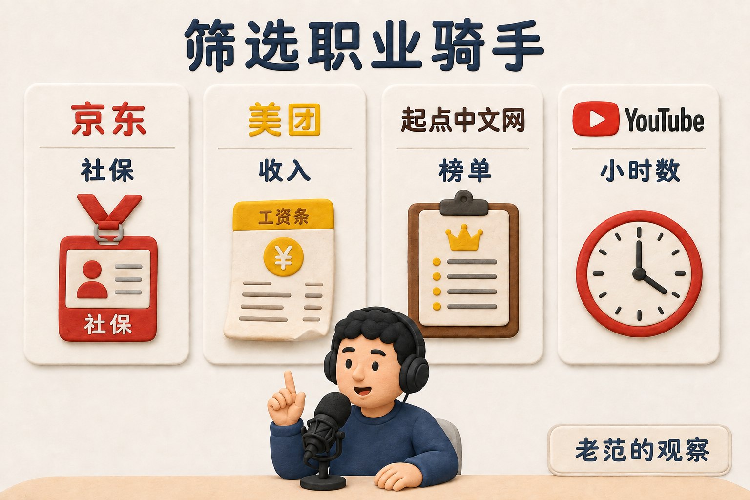 筛选职业骑手：京东用社保、美团用收入、起点用榜单、YouTube用小时数筛选；老范的观察
