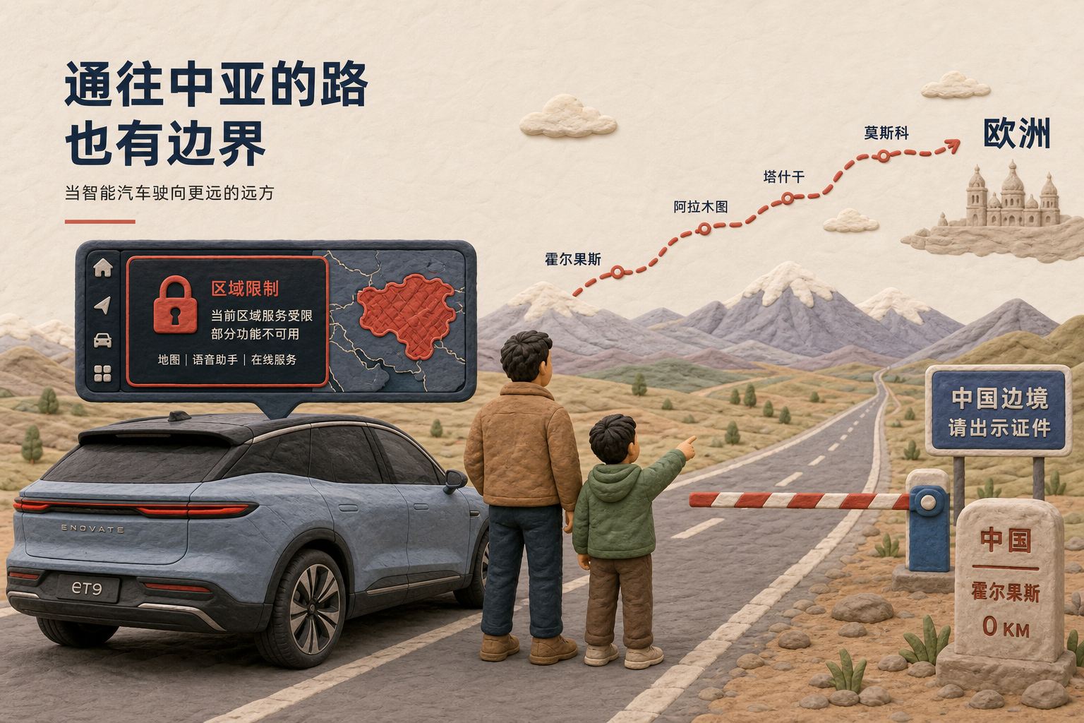 一辆国产豪华电动 SUV 停在中国通往中亚的边境公路上,父亲和孩子站在车旁望向欧洲方向,车机屏幕浮现红色限制提示,横向封面构图,浅色背景的商业评论版橡皮泥平面信息图的统一风格。