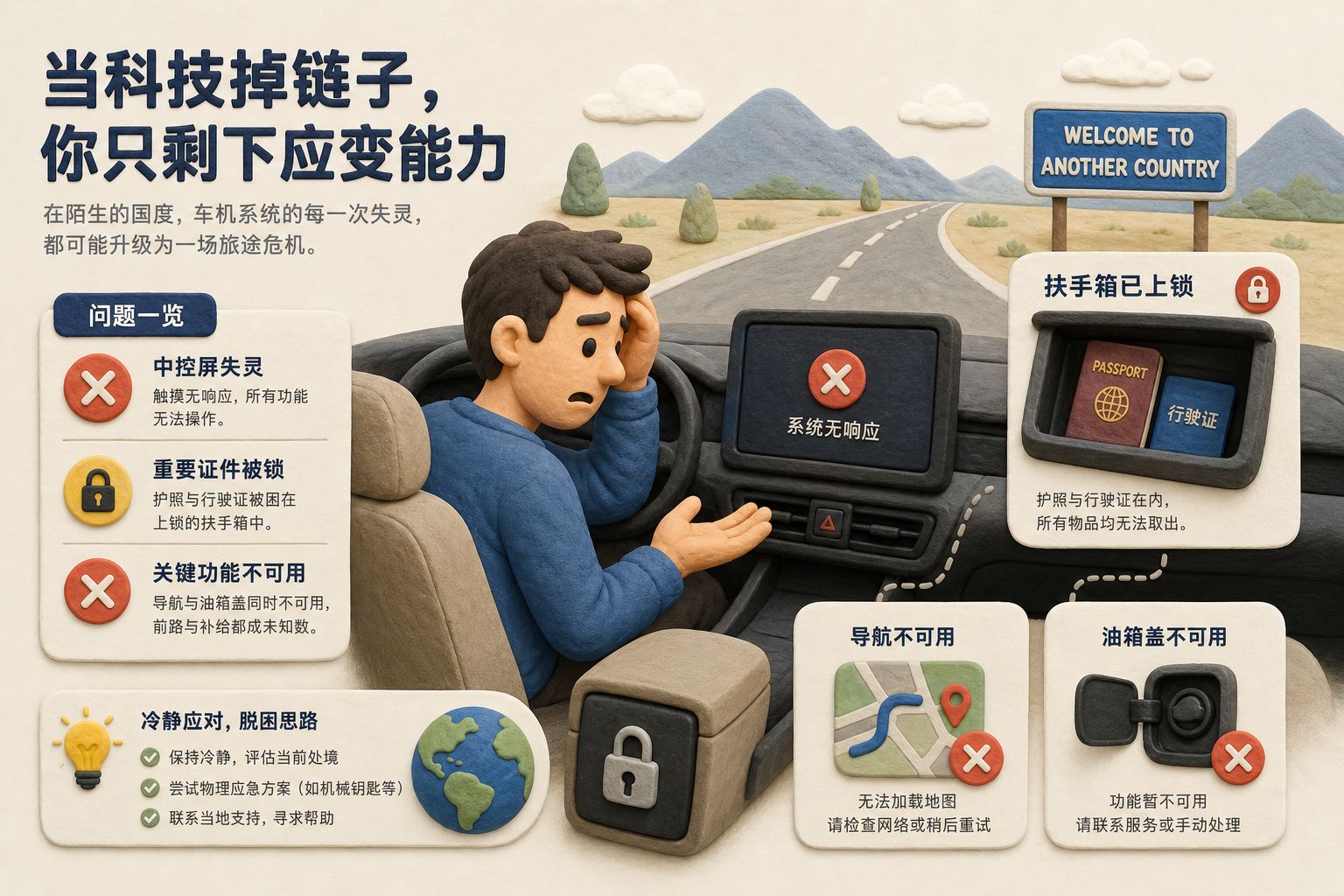 陌生国家公路上的车主面对失灵的中控屏,护照与行驶证被困在上锁的扶手箱图标中,导航和油箱盖功能同时显示不可用,浅色背景的商业评论版橡皮泥平面信息图的统一风格。