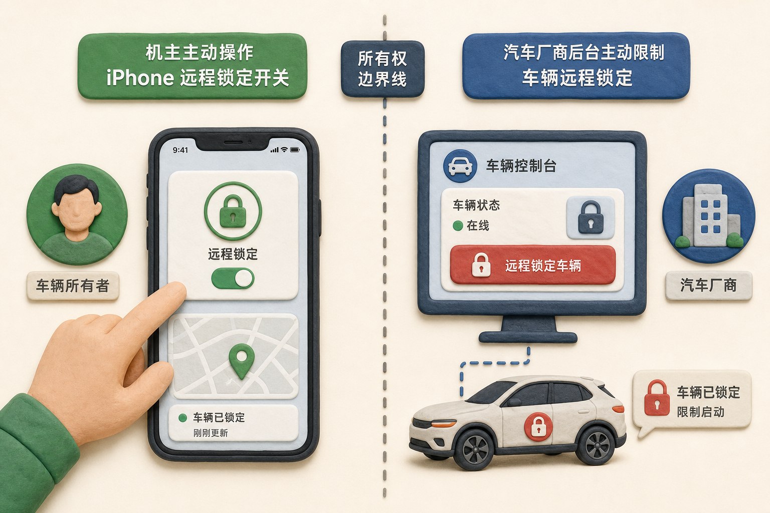 左侧是由机主主动操作的 iPhone 远程锁定开关，右侧是汽车厂商后台主动限制车辆，中间以所有权边界线分隔，浅色背景的商业评论版橡皮泥平面信息图的统一风格。