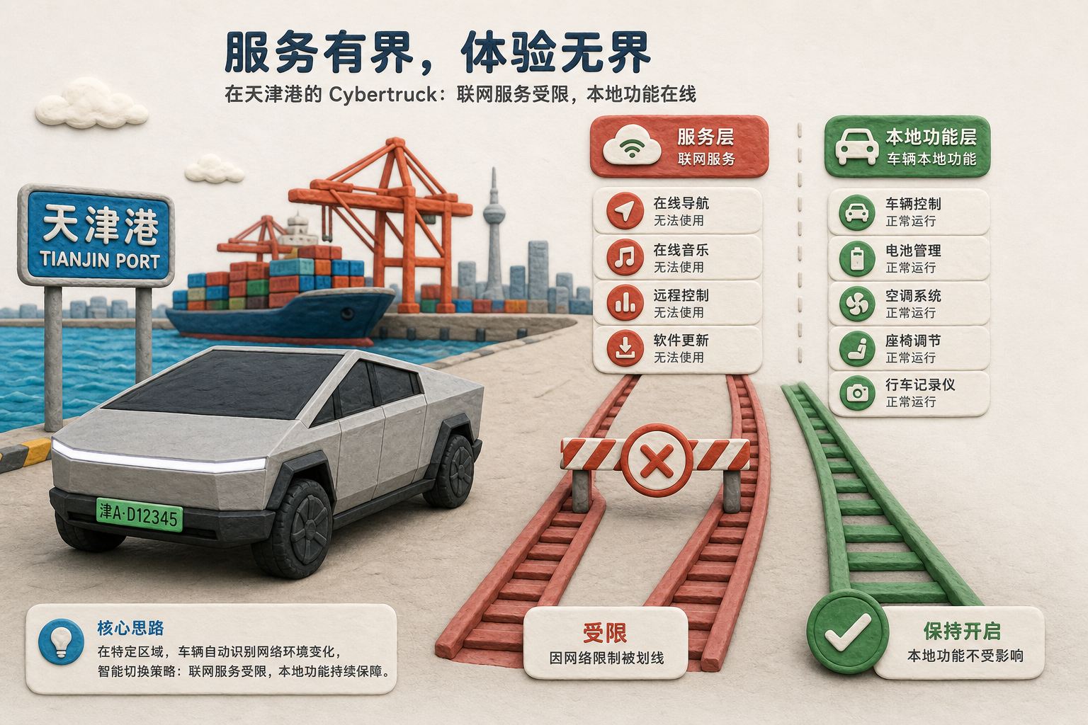 天津港口停着一辆挂绿牌的 Cybertruck，旁边分成服务层与本地功能层两条轨道，联网服务被划线而车辆本地功能保持开启，浅色背景的商业评论版橡皮泥平面信息图的统一风格。
