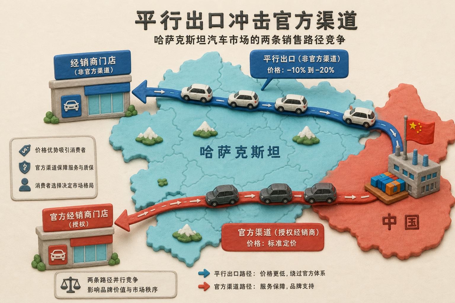 哈萨克斯坦地图上连接中国版车辆与官方经销商门店，两条价格不同的销售路径相互竞争，平行出口箭头冲击官方渠道，浅色背景的商业评论版橡皮泥平面信息图的统一风格。