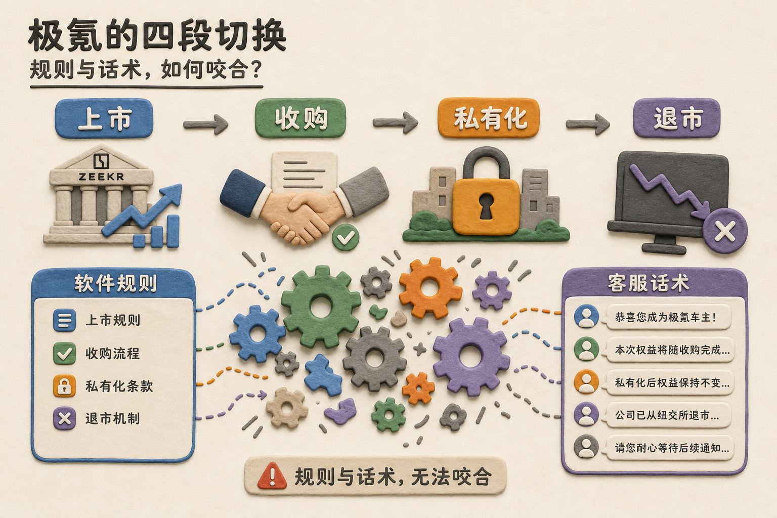 极氪品牌在上市收购私有化退市四个节点间快速切换，软件规则与客服话术像散乱齿轮一样无法咬合，浅色背景的商业评论版橡皮泥平面信息图的统一风格。